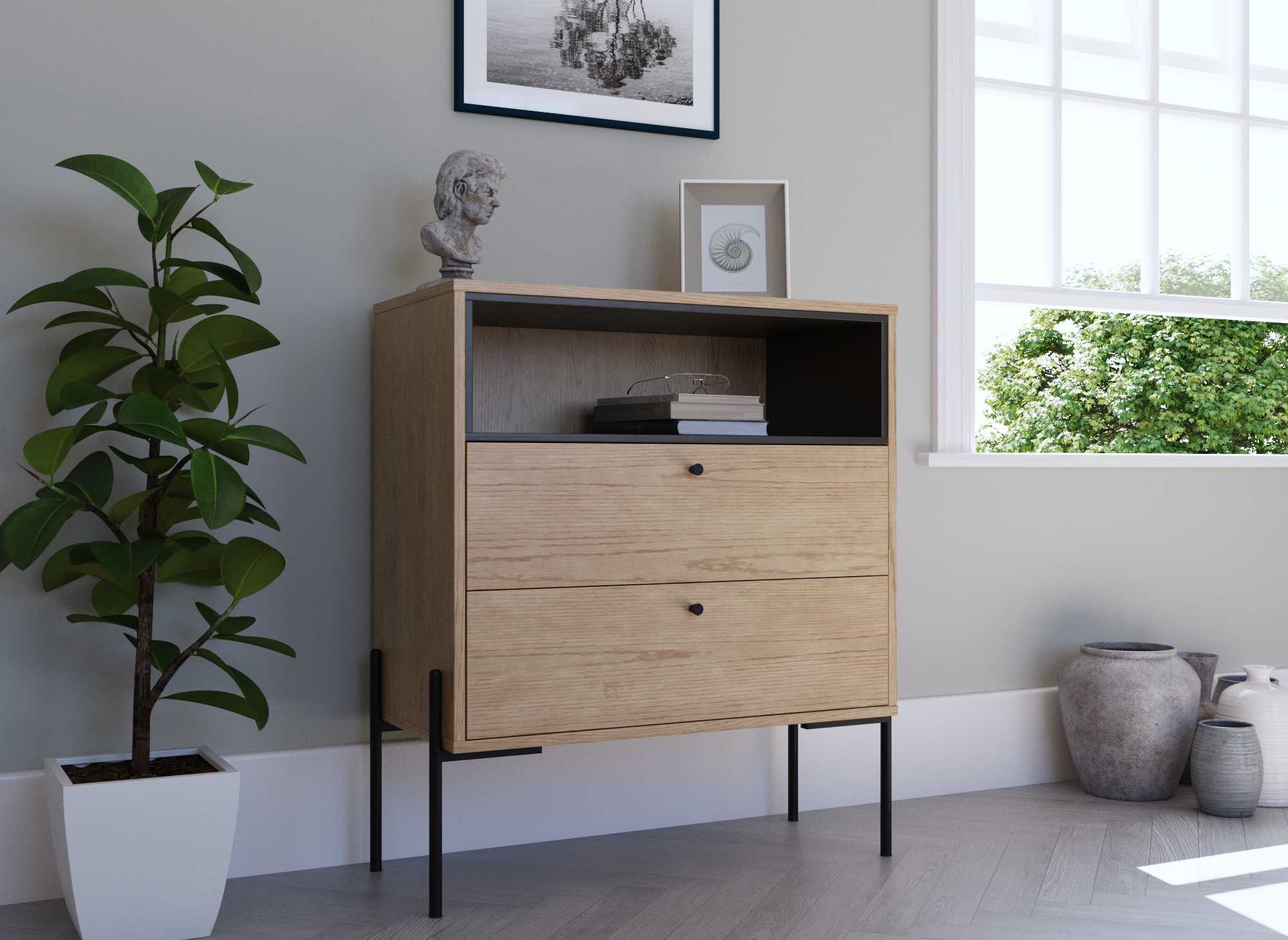 Commode 2 tiroirs en bois clair et métal noir SOHANE