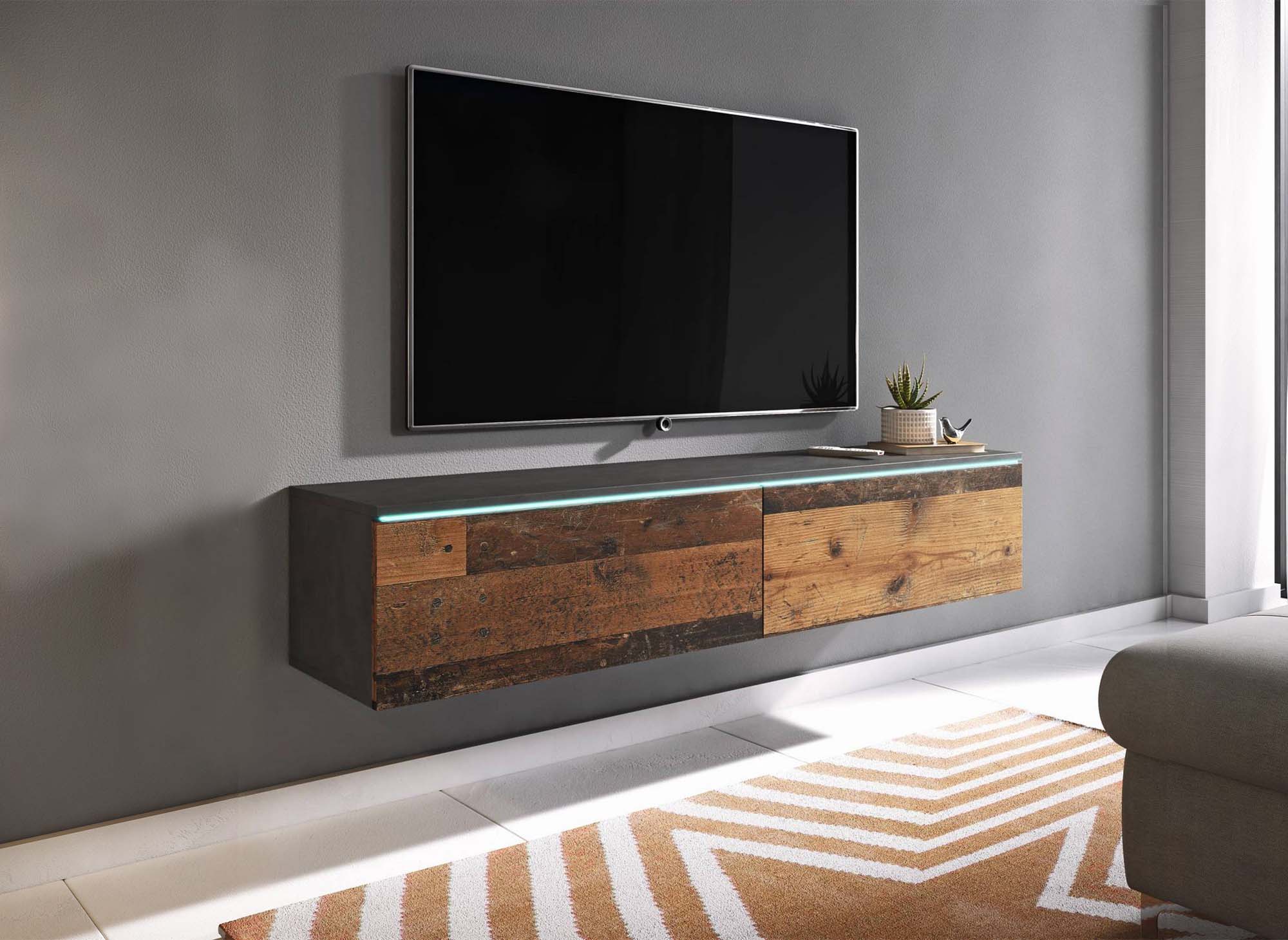 Meuble TV contemporain anthracite et chêne vieilli foncé avec LED 2 portes MALORIE - 180 cm