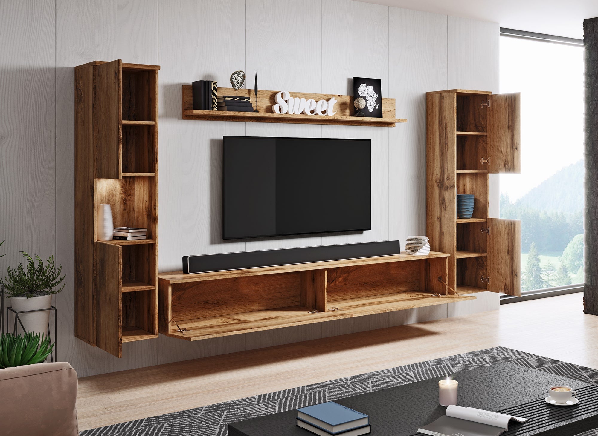 Meuble TV contemporain chêne avec LED-ELIOTE XL