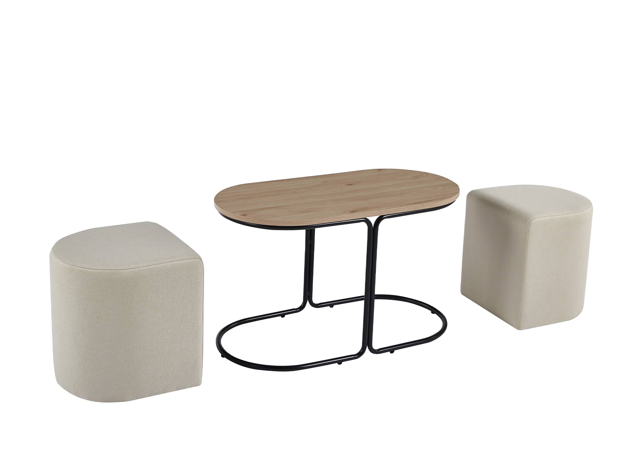 Ensemble table basse couleur bois avec 2 poufs en tissu beige JUDITH