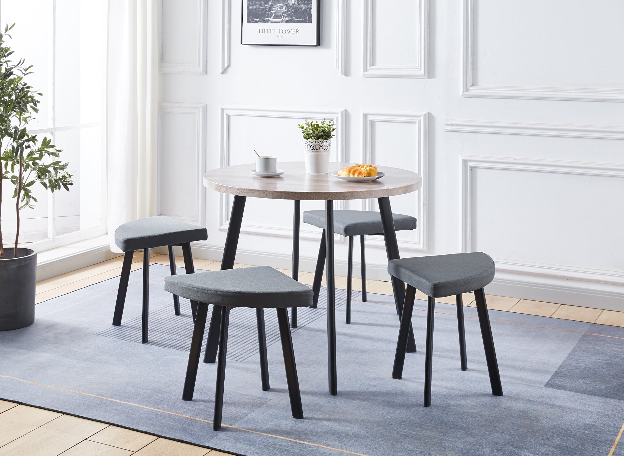Ensemble table à manger en bois gris clair avec 4 tabourets gris IRINA