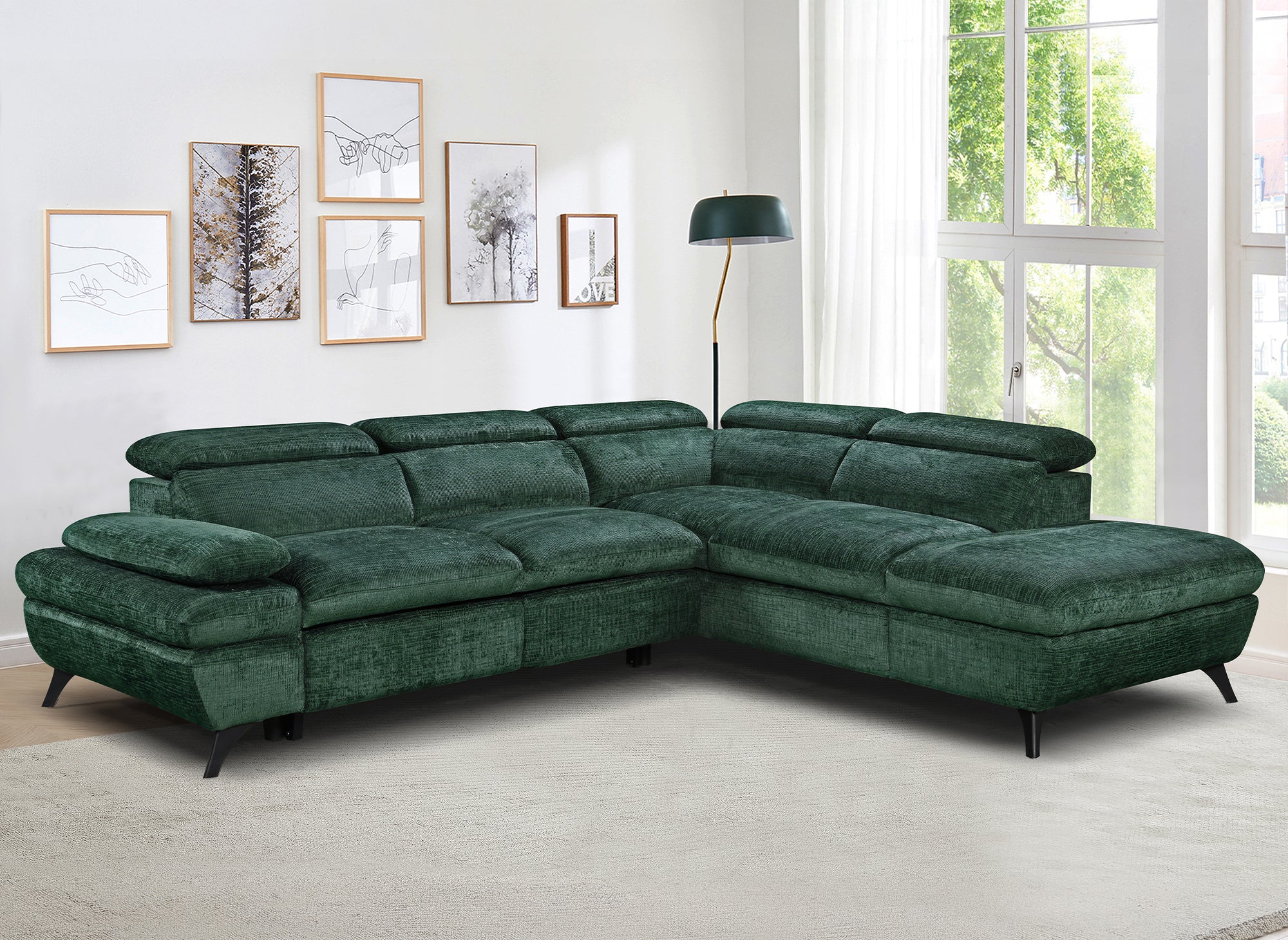 Divano angolare trasformabile con cassapanca in velluto screziato verde LUFY - Angolo retto