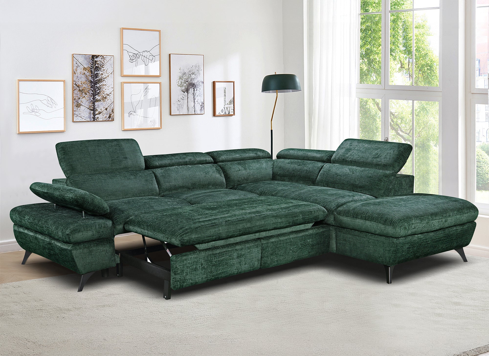 Divano angolare trasformabile con cassapanca in velluto screziato verde LUFY - Angolo retto