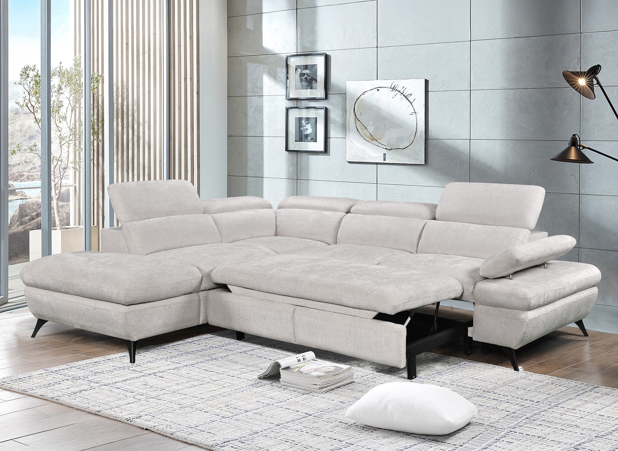 Divano angolare trasformabile con cassapanca in velluto screziato bianco ecrù LUFY - Angolo sinistro