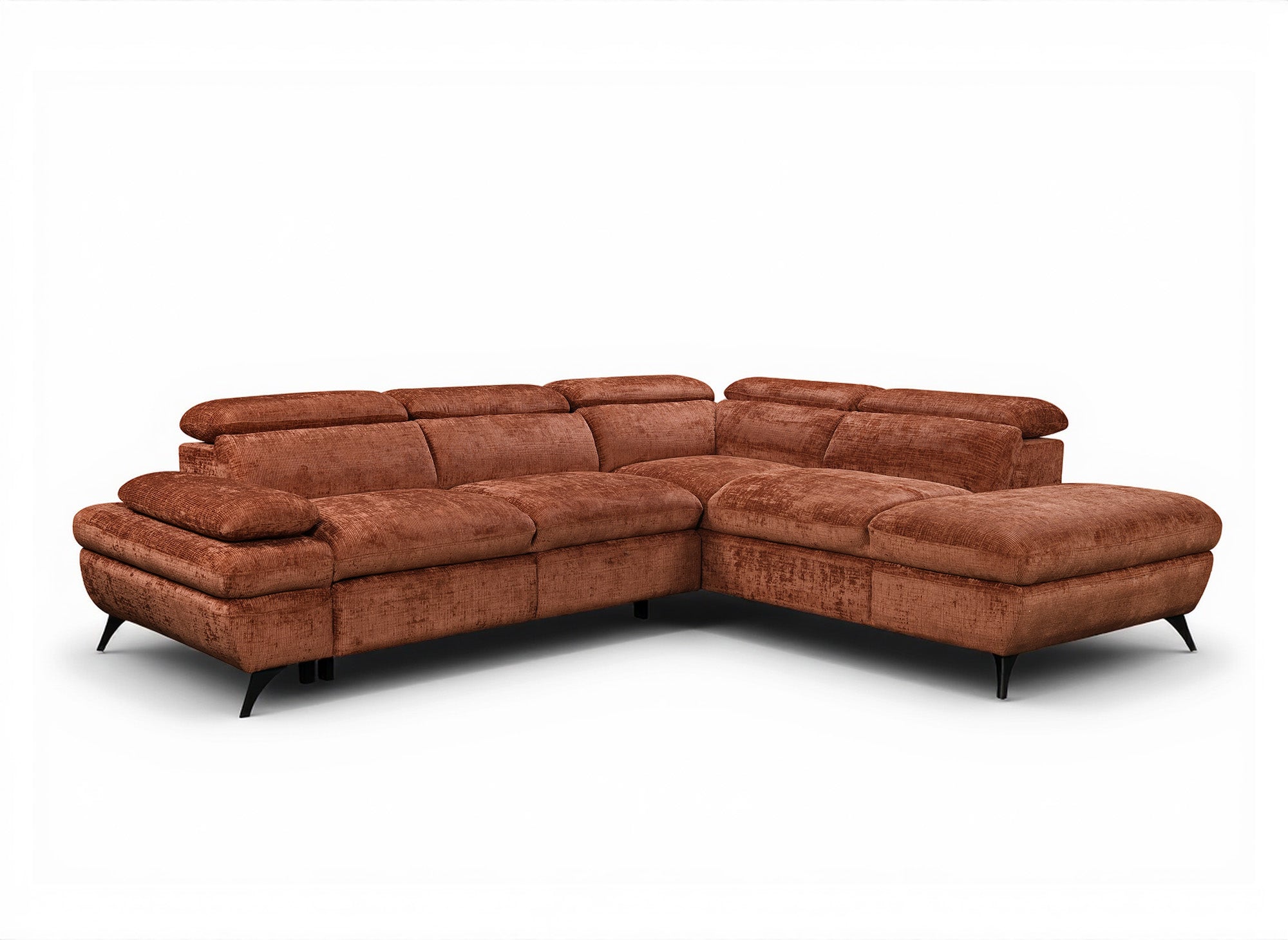 Divano angolare trasformabile con cassapanca in velluto screziato terracotta LUFY - Angolo retto