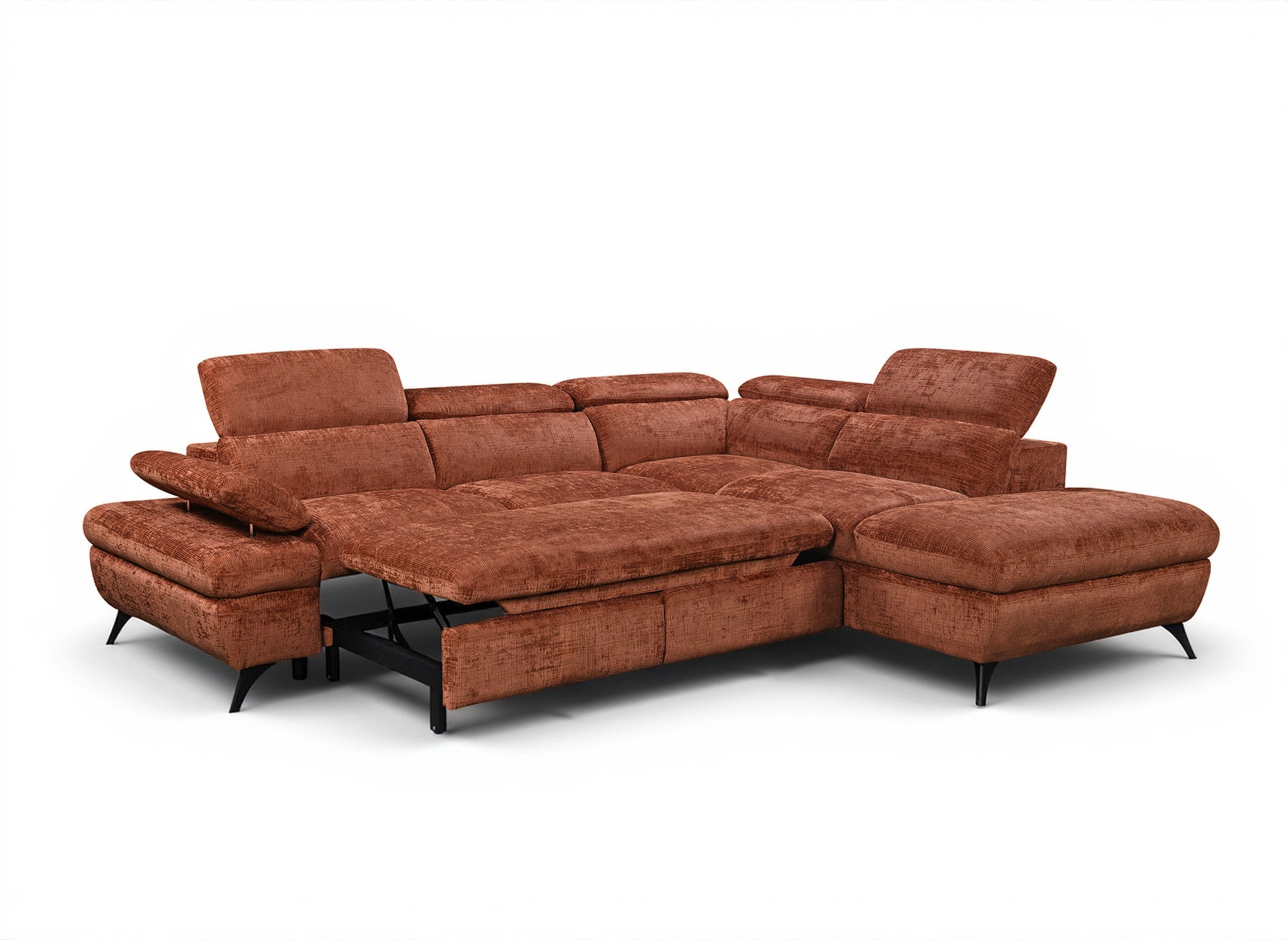 Divano angolare trasformabile con cassapanca in velluto screziato terracotta LUFY - Angolo retto