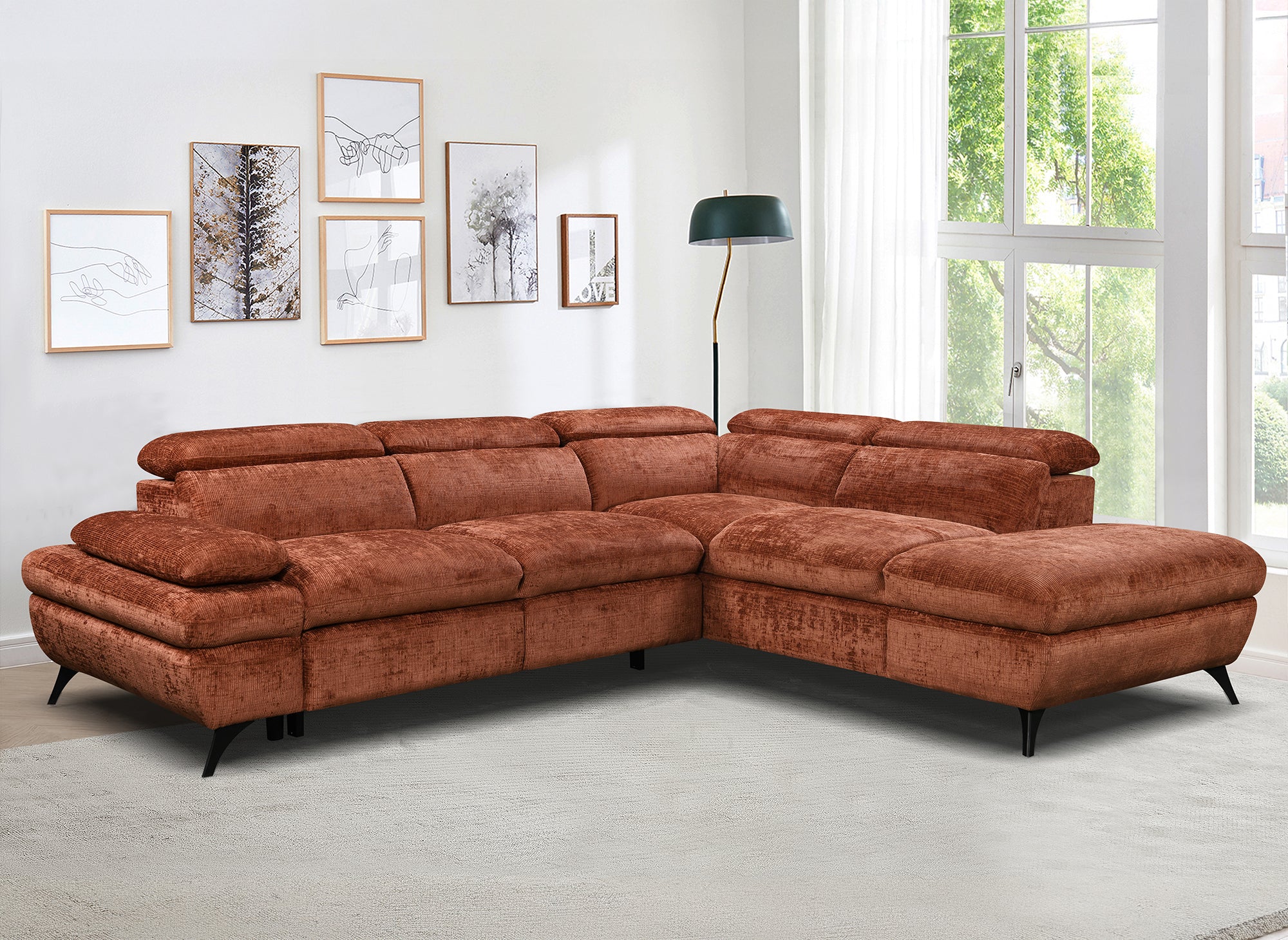 Divano angolare trasformabile con cassapanca in velluto screziato terracotta LUFY - Angolo retto