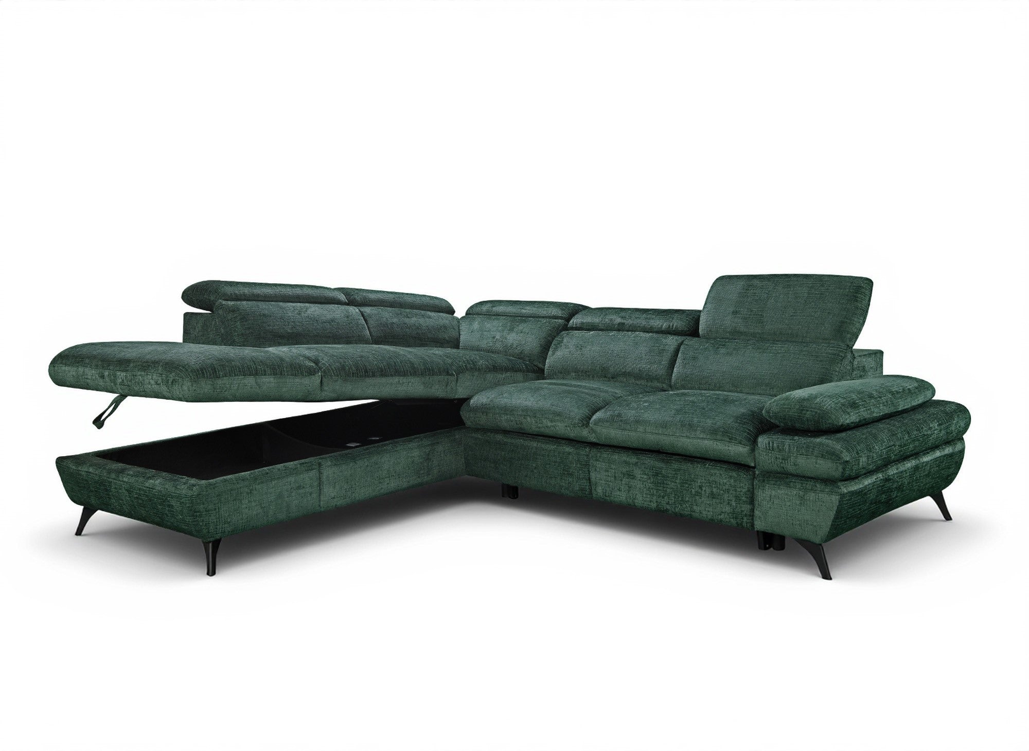 Divano angolare trasformabile con cassapanca in velluto screziato verde LUFY - Angolo sinistro