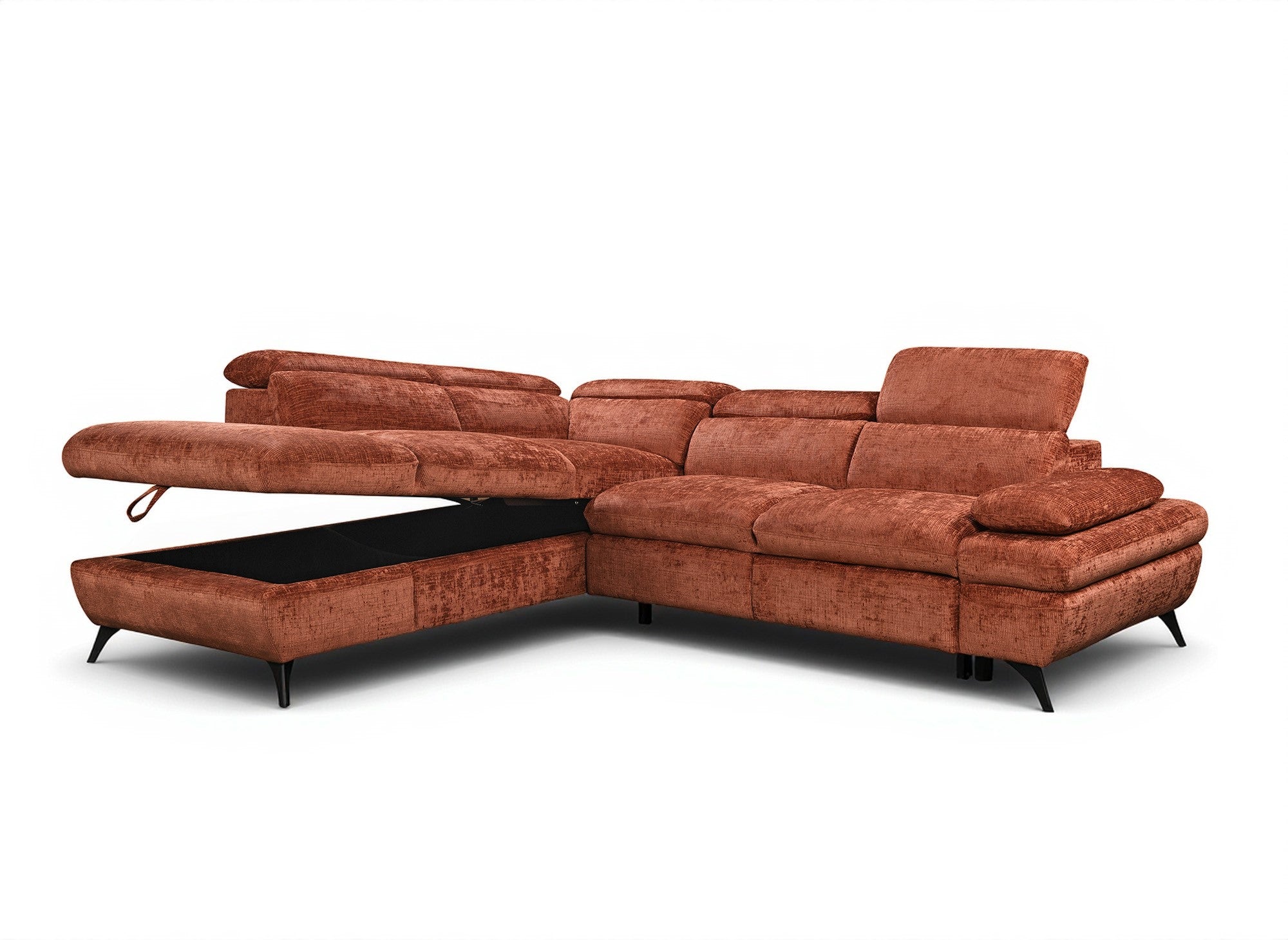 Divano angolare trasformabile con cassapanca in velluto screziato terracotta LUFY - Angolo sinistro
