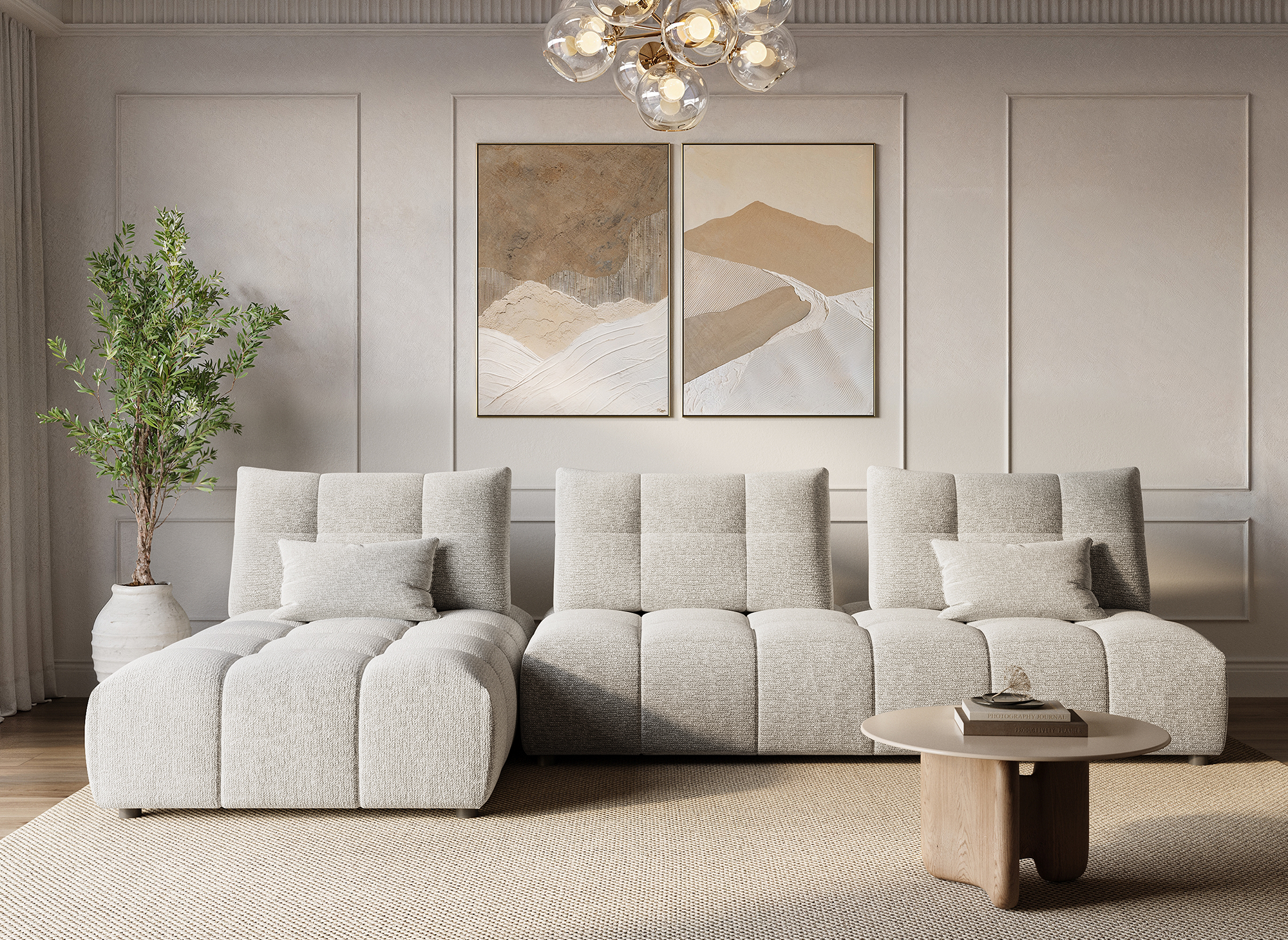 Canapé d'angle réversible en velours texturé beige ALANA