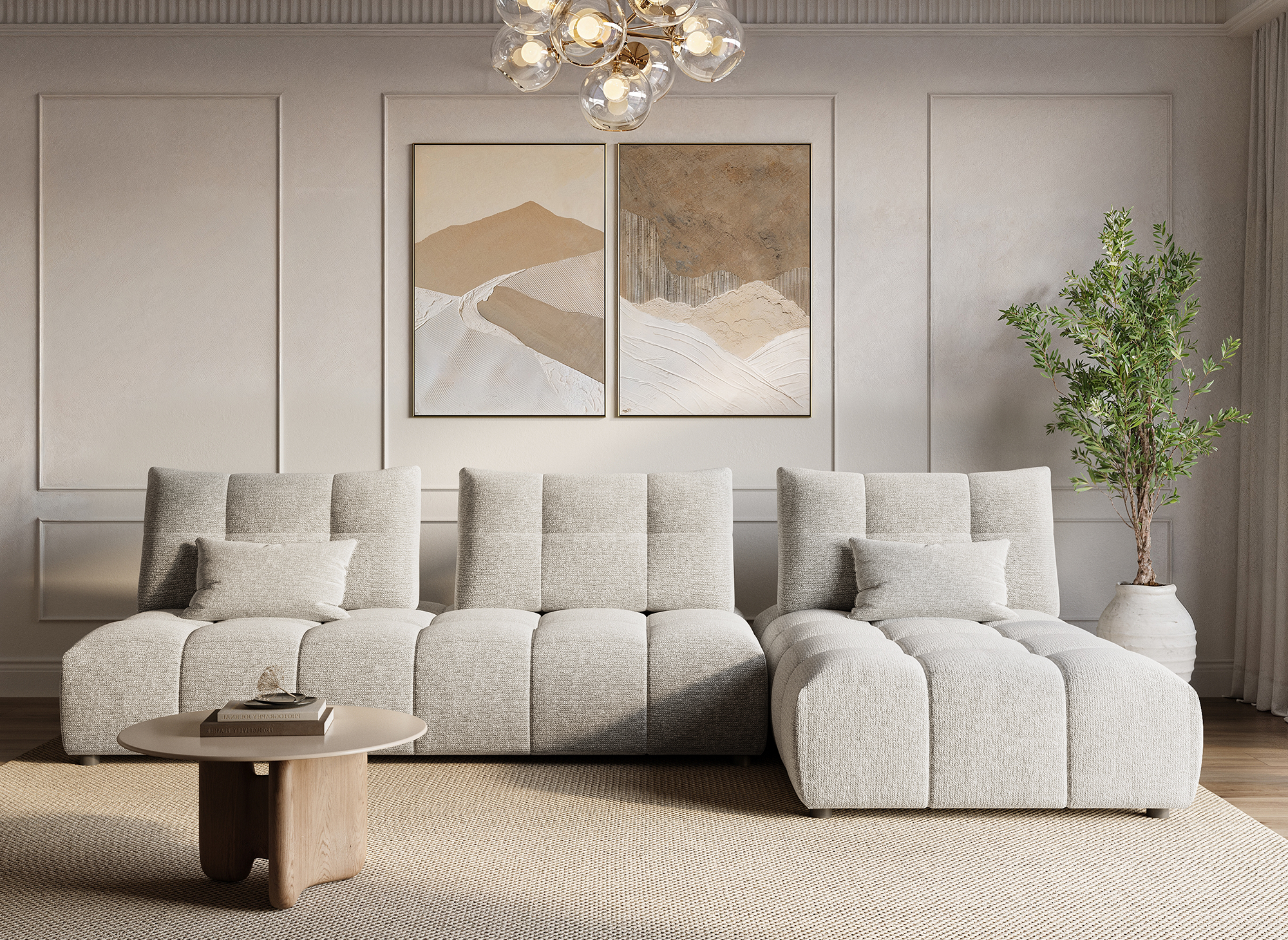 Canapé d'angle réversible en velours texturé beige ALANA