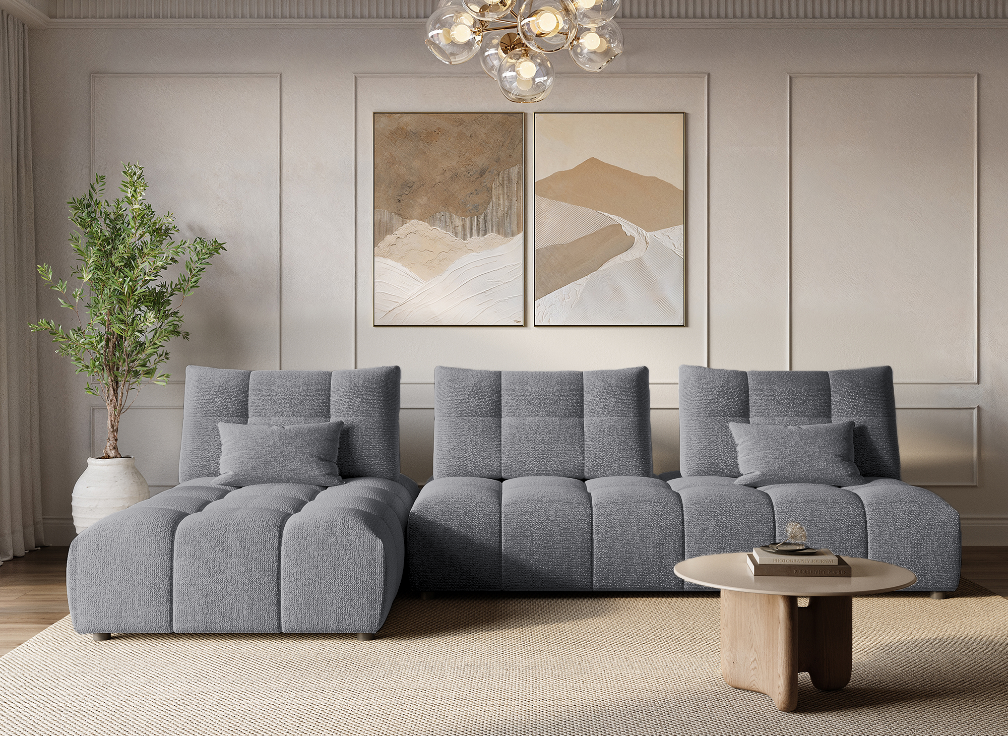 Canapé d'angle réversible en velours texturé gris ALANA