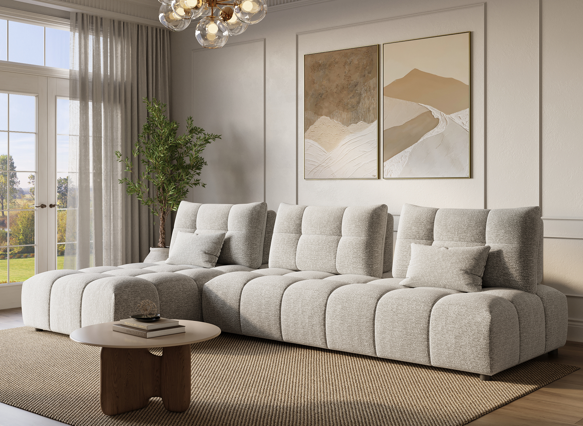 Canapé d'angle réversible en velours texturé beige ALANA