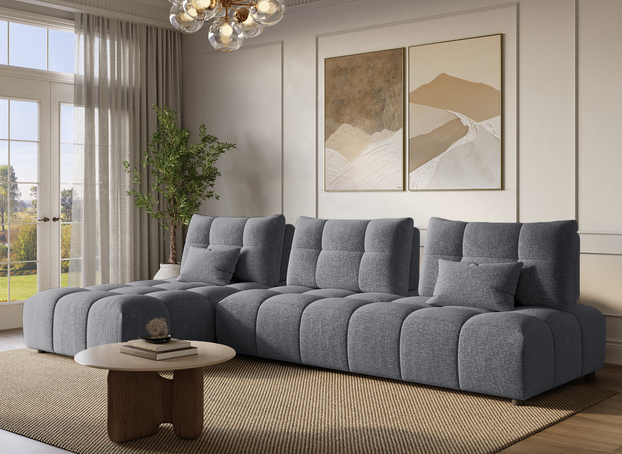 Canapé d'angle réversible en velours texturé gris ALANA