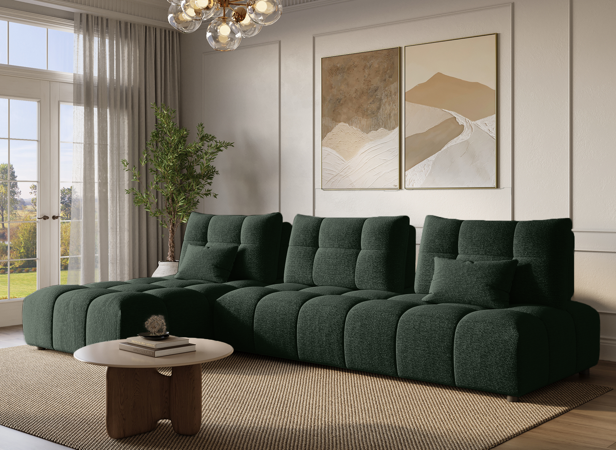 Canapé d'angle réversible en velours texturé vert kaki ALANA