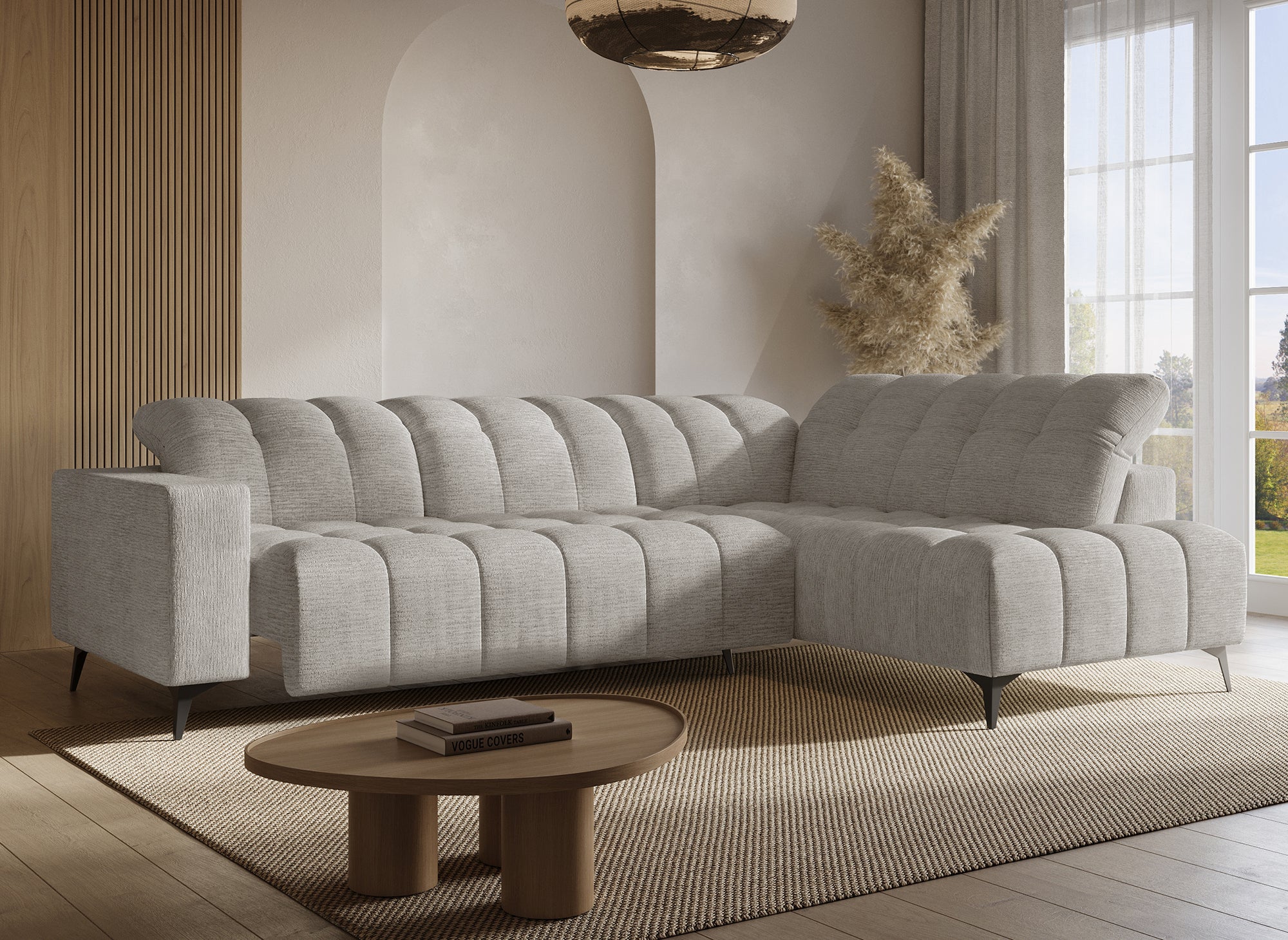 Divano angolare relax elettrico in velluto screziato beige ALVAR - Angolo retto