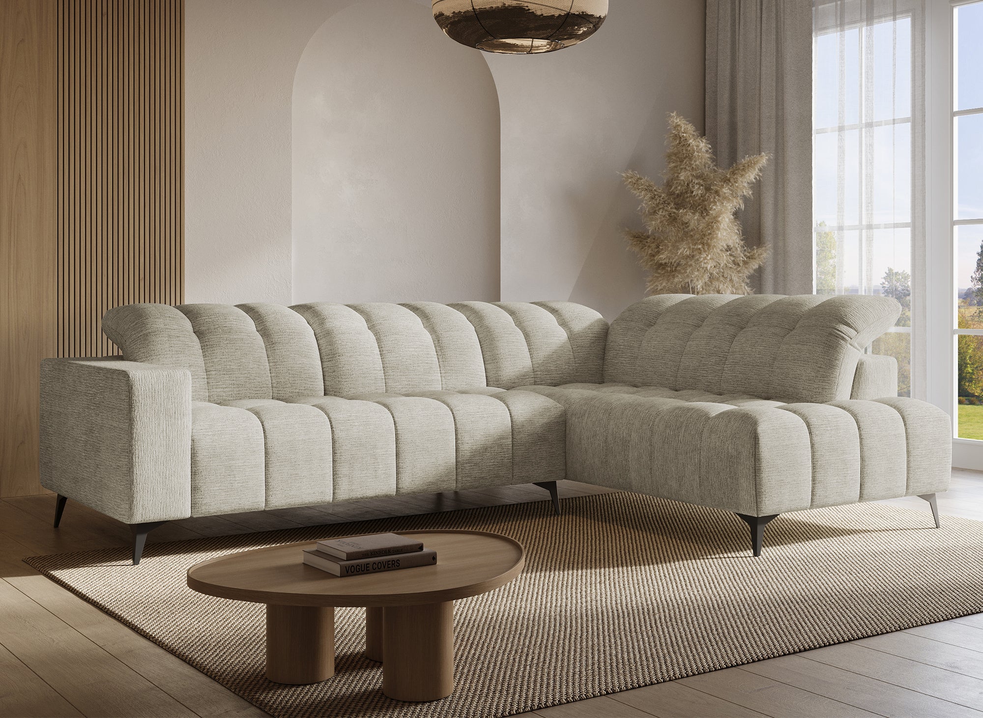 Divano angolare relax elettrico in velluto screziato beige ALVAR - Angolo retto