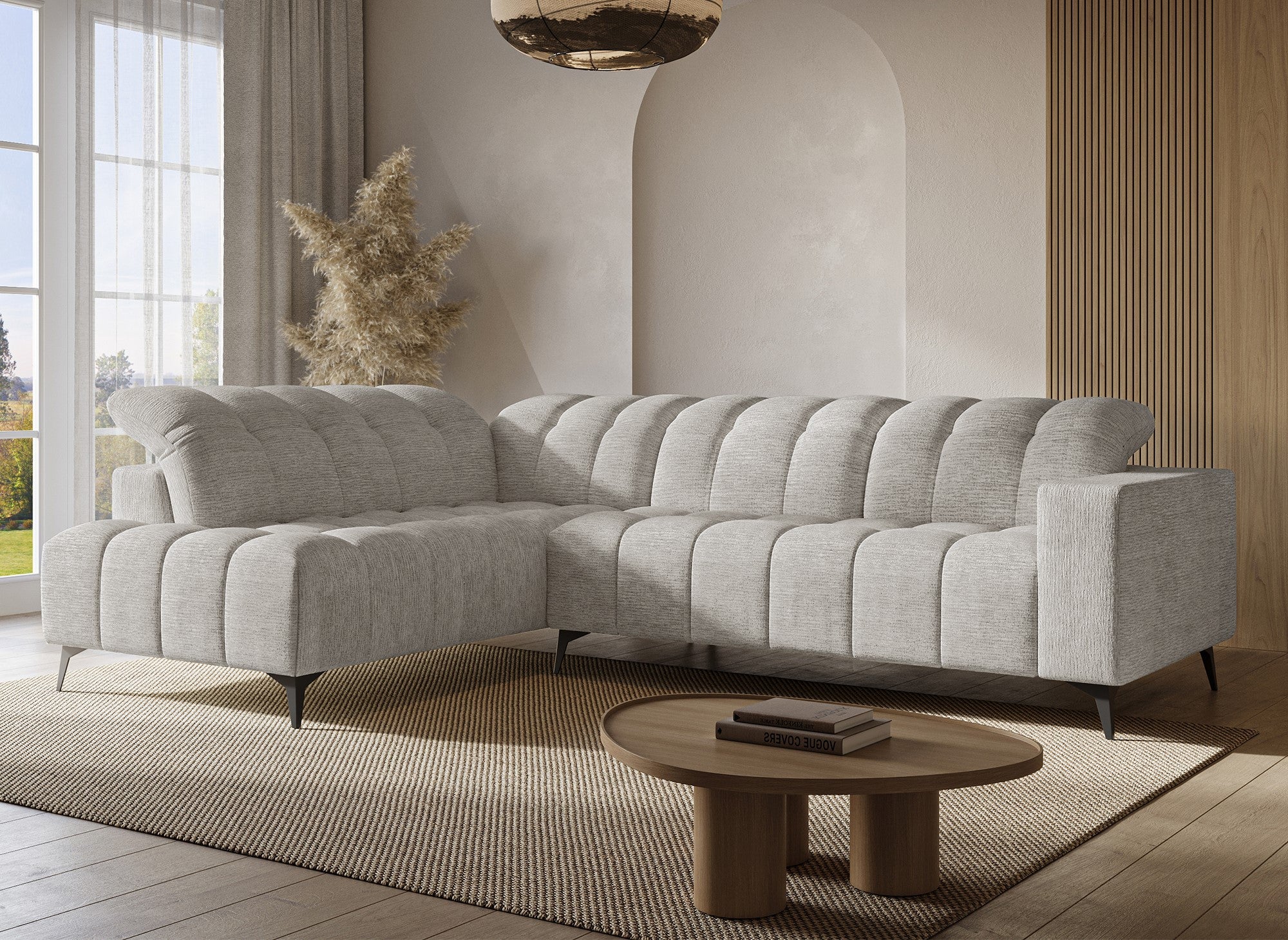 Divano angolare relax elettrico in velluto screziato beige ALVAR - Angolo sinistro