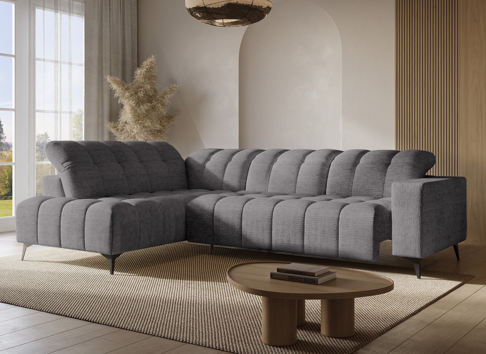 Divano angolare relax elettrico in velluto screziato grigio ALVAR - Angolo sinistro