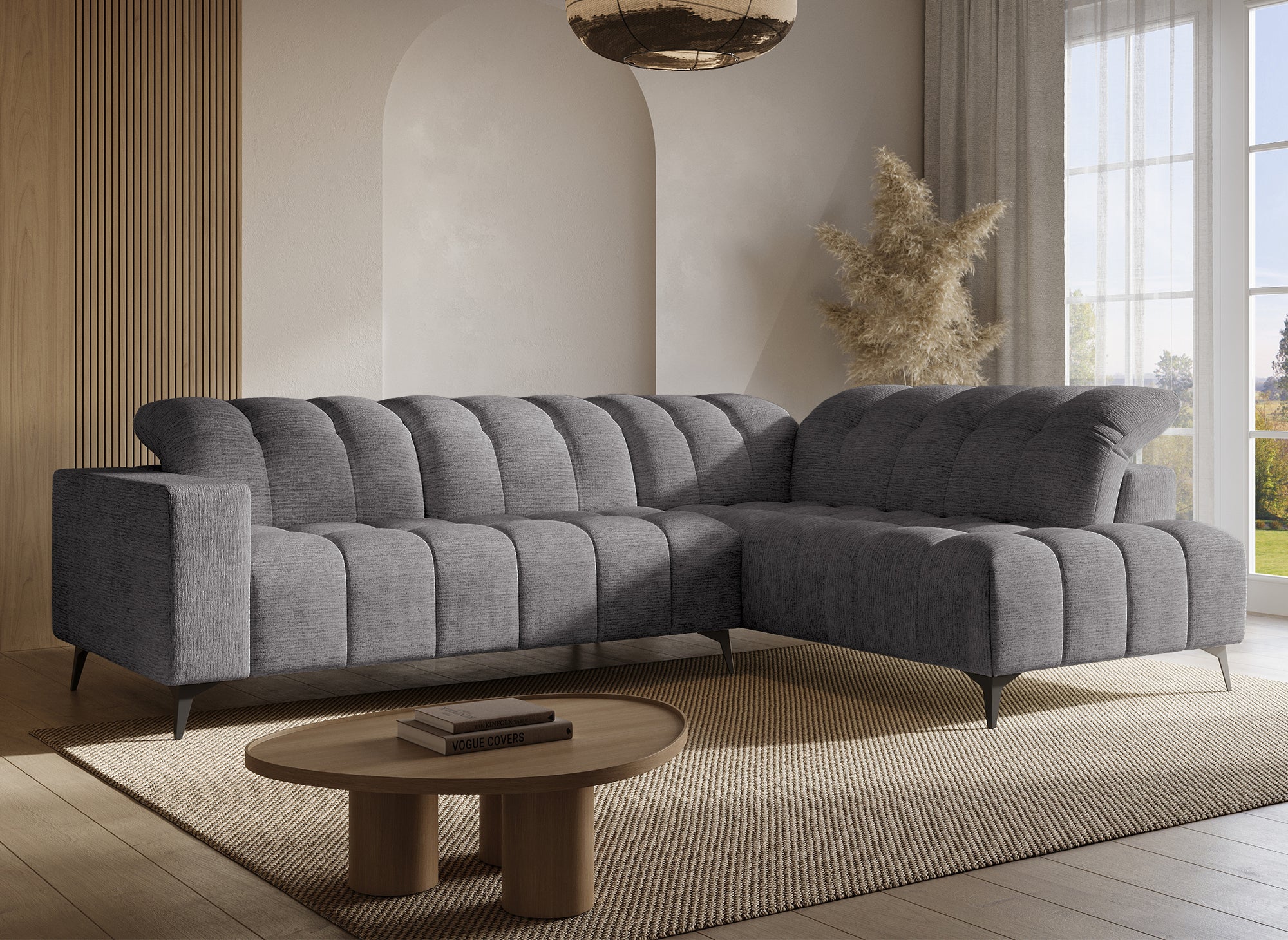 Divano angolare relax elettrico in velluto screziato grigio ALVAR - Angolo retto