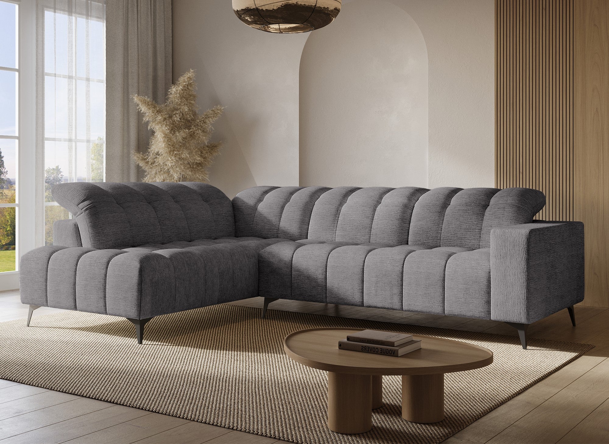 Divano angolare relax elettrico in velluto screziato grigio ALVAR - Angolo sinistro