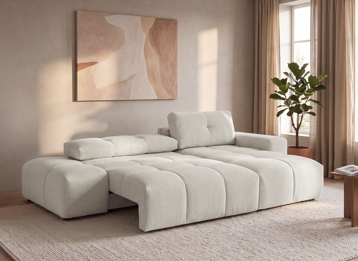 Divano angolare trasformabile con cassapanca in tessuto strutturato beige ANGELINE - Angolo retto