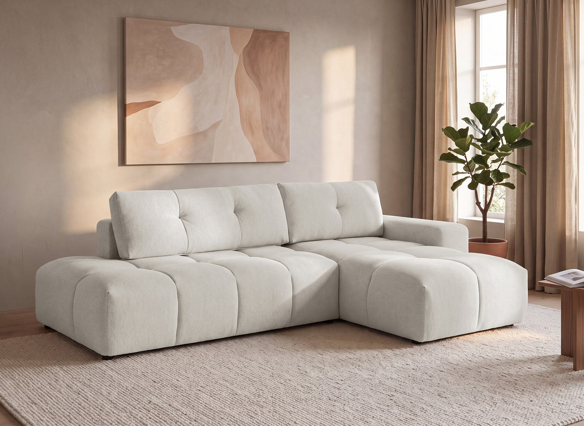 Divano angolare trasformabile con cassapanca in tessuto strutturato beige ANGELINE - Angolo retto