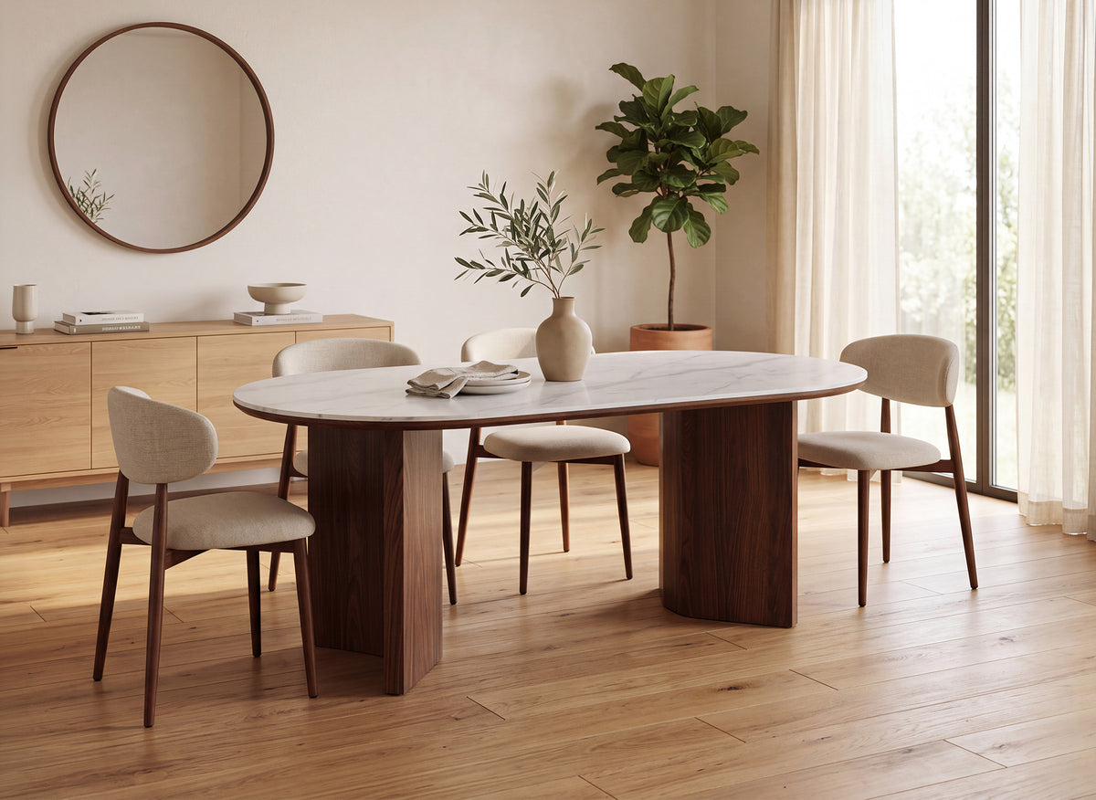 Tavolo da pranzo per 6 persone in ceramica beige e legno di noce 160 cm AMANDINE