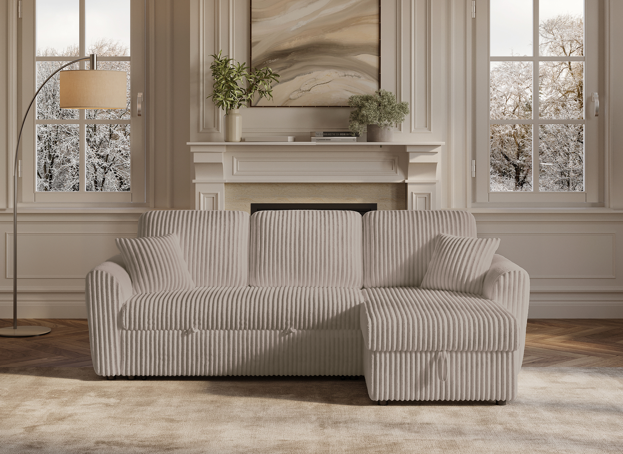 Canapé d'angle convertible et réversible avec coffre en velours côtelé épais  taupe ADRYEN