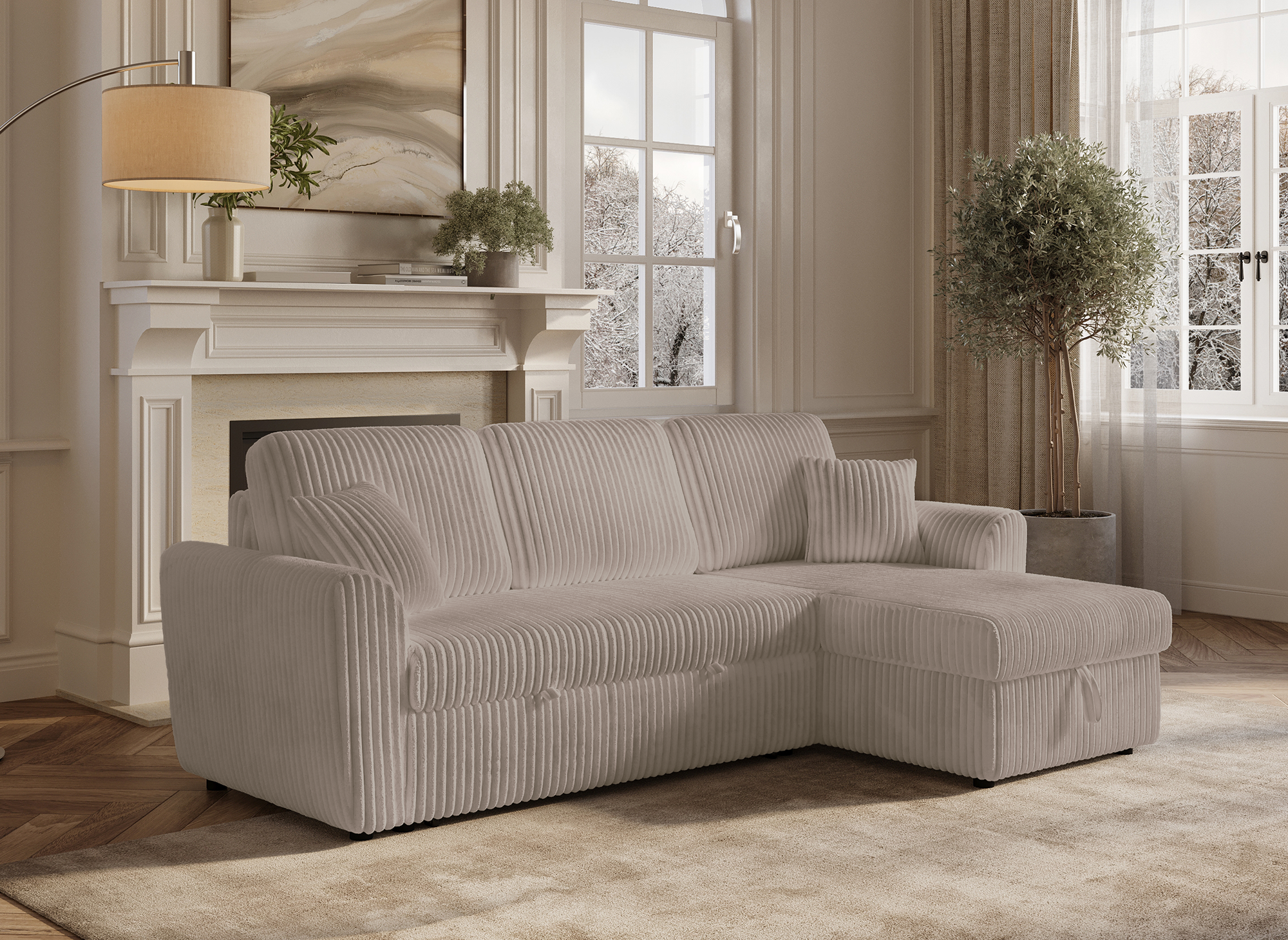 Canapé d'angle convertible et réversible avec coffre en velours côtelé épais  taupe ADRYEN