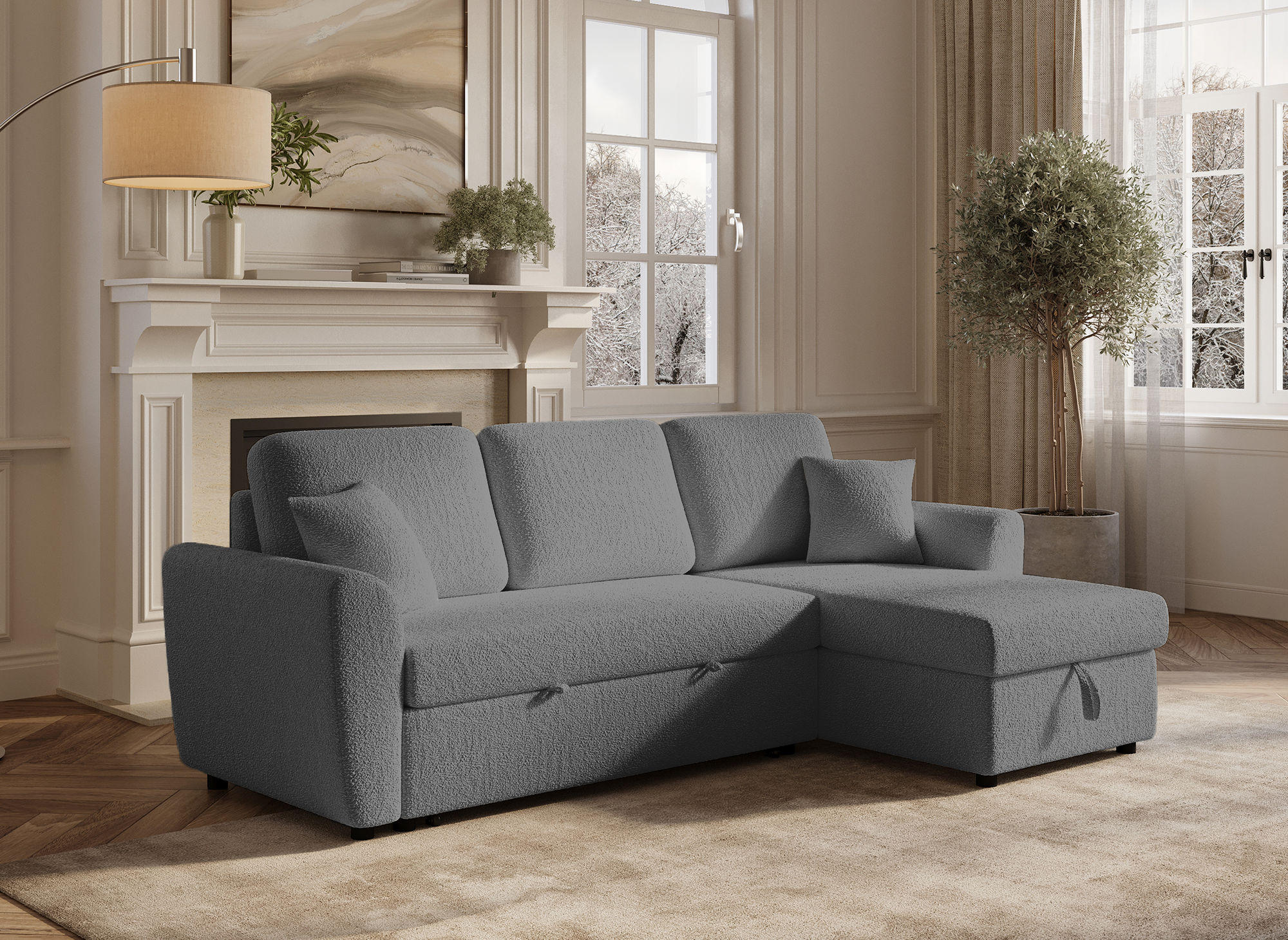 Canapé d'angle convertible et réversible avec coffre en tissu bouclette gris ADRYEN