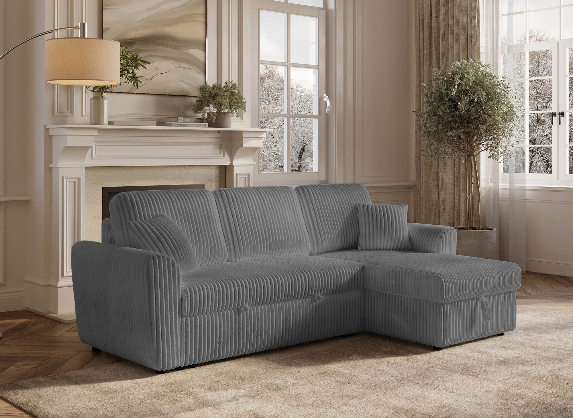 Canapé d'angle convertible et réversible avec coffre en velours côtelé épais gris ADRYEN