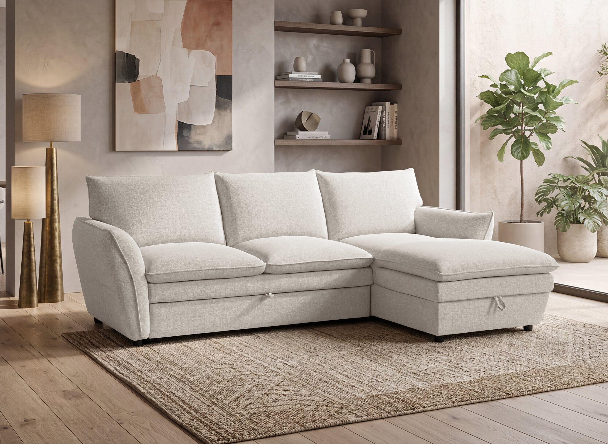 Divano angolare trasformabile con cassapanca in tessuto beige CAPUCINE - Angolo retto