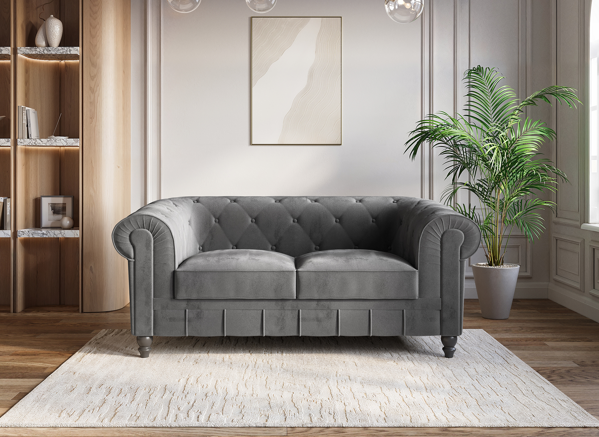 Canapé 2 places velours Gris CHESTERFIELD