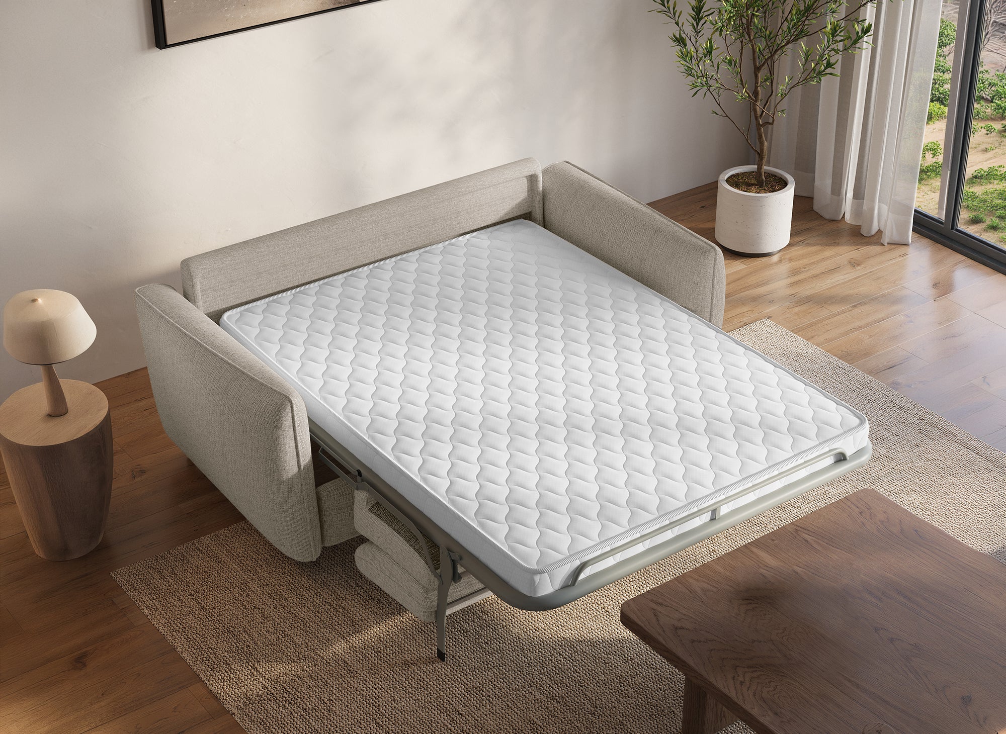 Divano trasformabile Express a 3 posti in velluto operato beige CHIARA