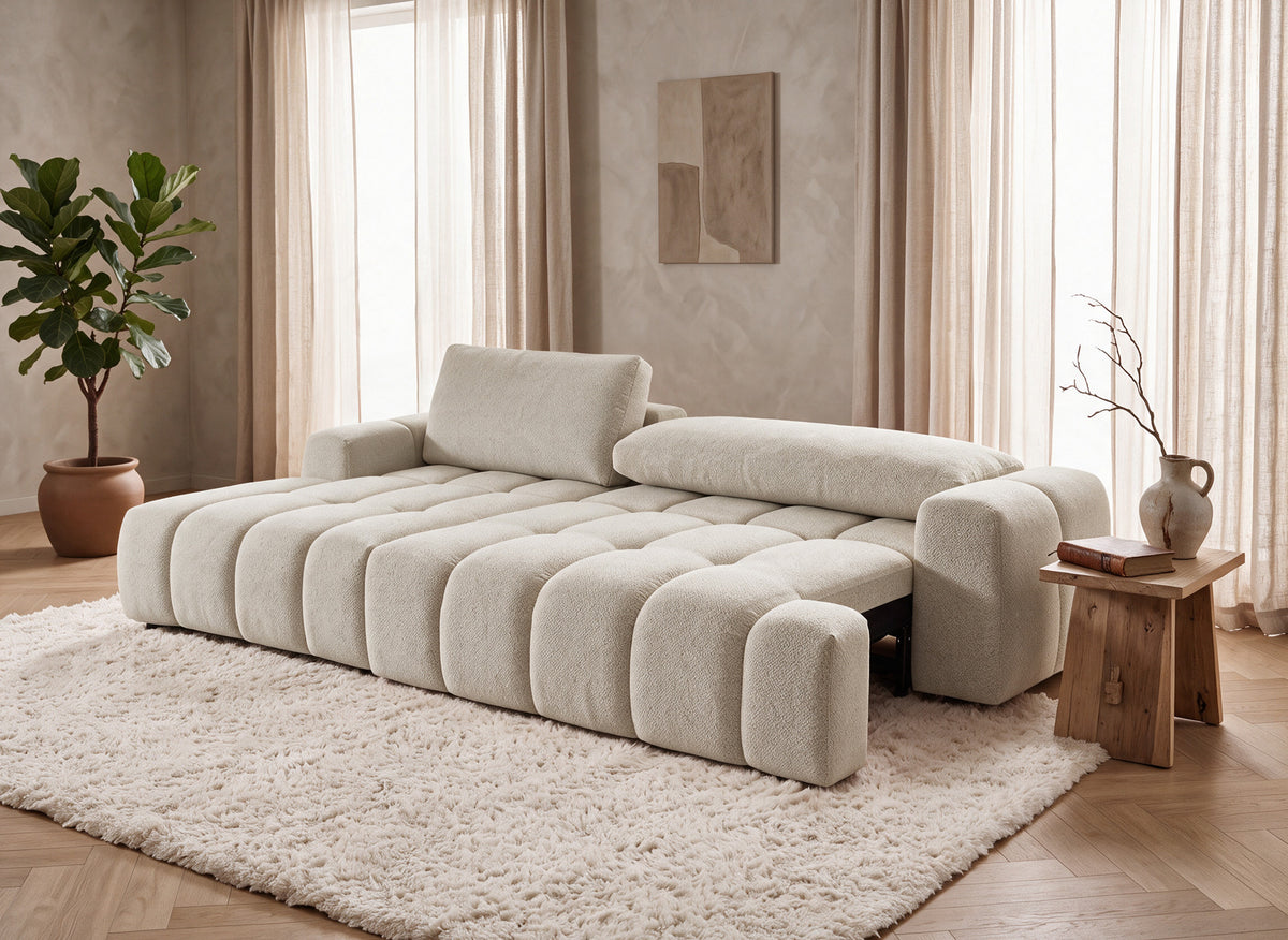 Divano angolare trasformabile con cassapanca in tessuto strutturato beige BERENICE - Angolo sinistro
