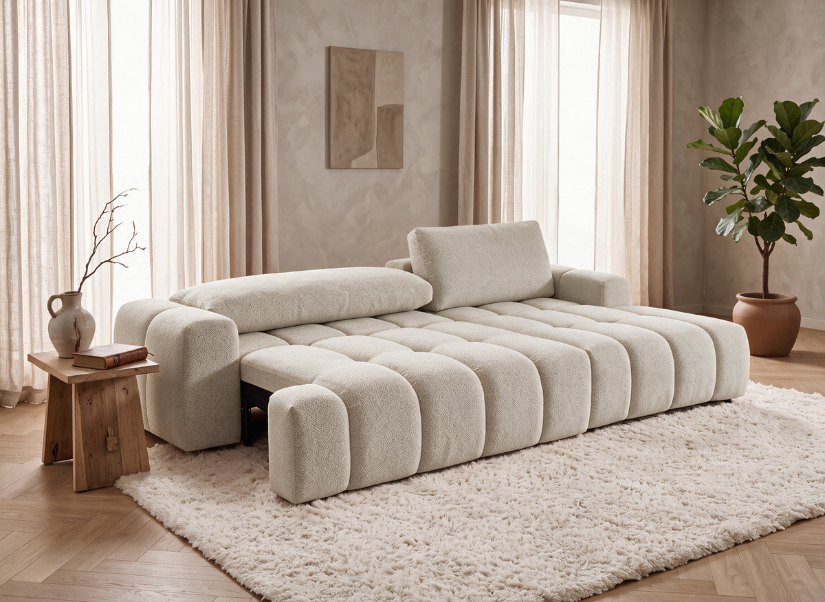 Divano angolare trasformabile con cassapanca in tessuto strutturato beige BERENICE - Angolo destro