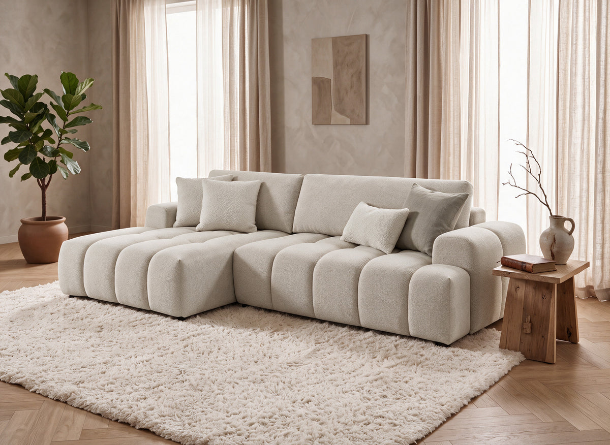 Divano angolare trasformabile con cassapanca in tessuto strutturato beige BERENICE - Angolo sinistro