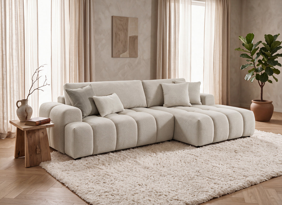 Divano angolare trasformabile con cassapanca in tessuto strutturato beige BERENICE - Angolo destro
