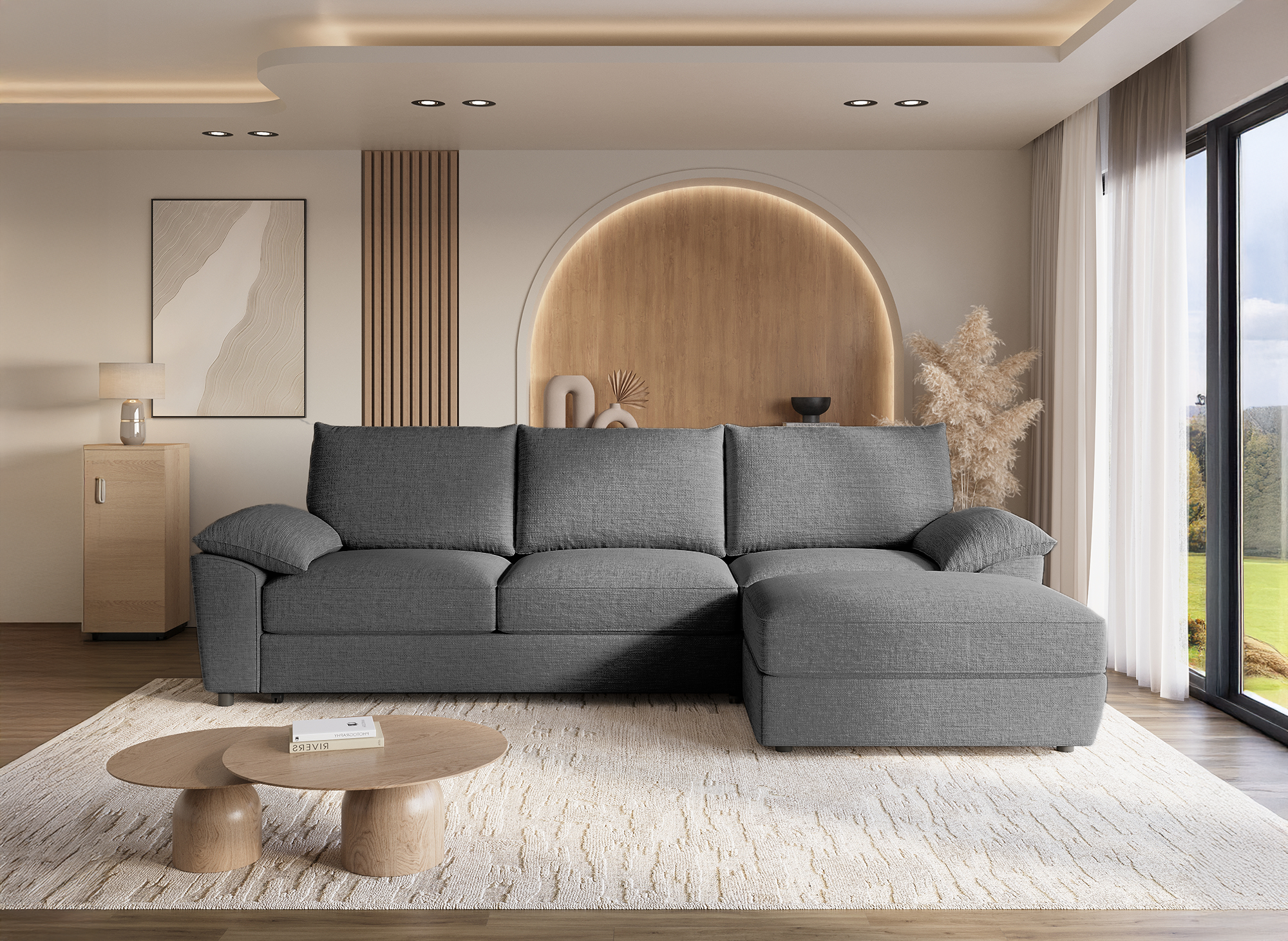 Canapé d'angle convertible avec coffre de rangement en velours chiné gris GABIN - Angle droit