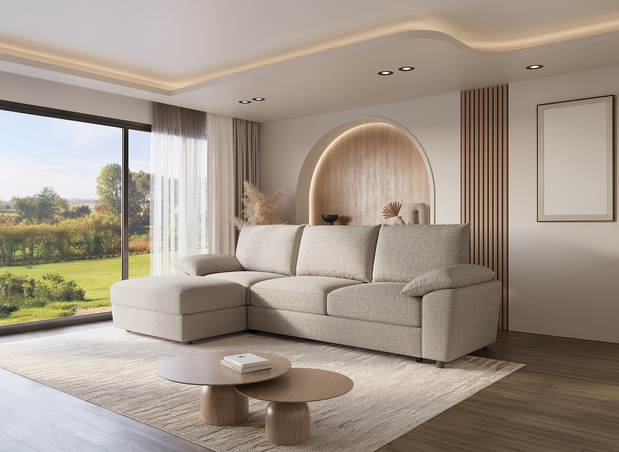 Canapé d'angle convertible avec coffre de rangement en velours chiné beige GABIN - Angle gauche