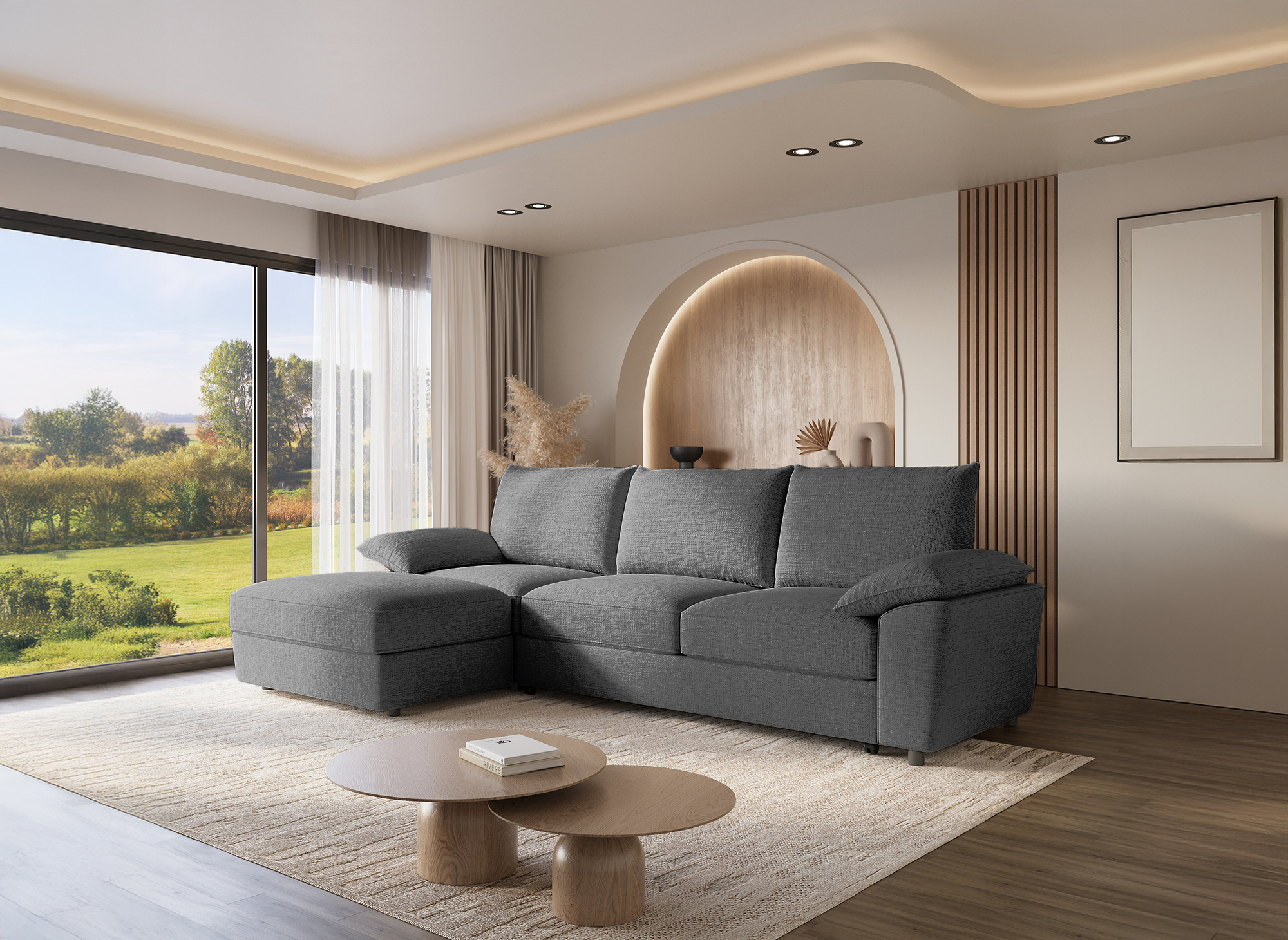 Canapé d'angle convertible avec coffre de rangement en velours chiné gris GABIN - Angle gauche