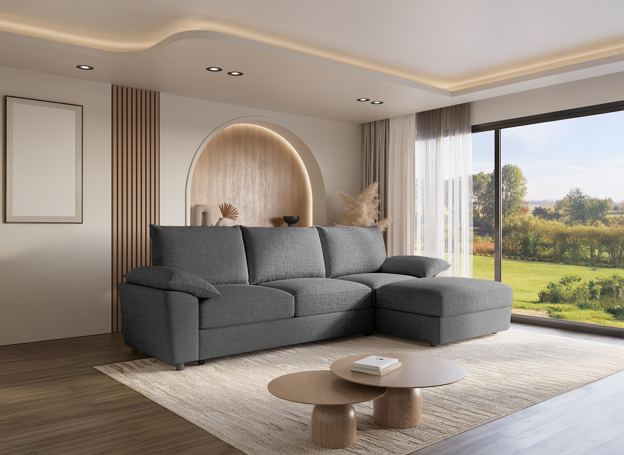 Canapé d'angle convertible avec coffre de rangement en velours chiné gris GABIN - Angle droit