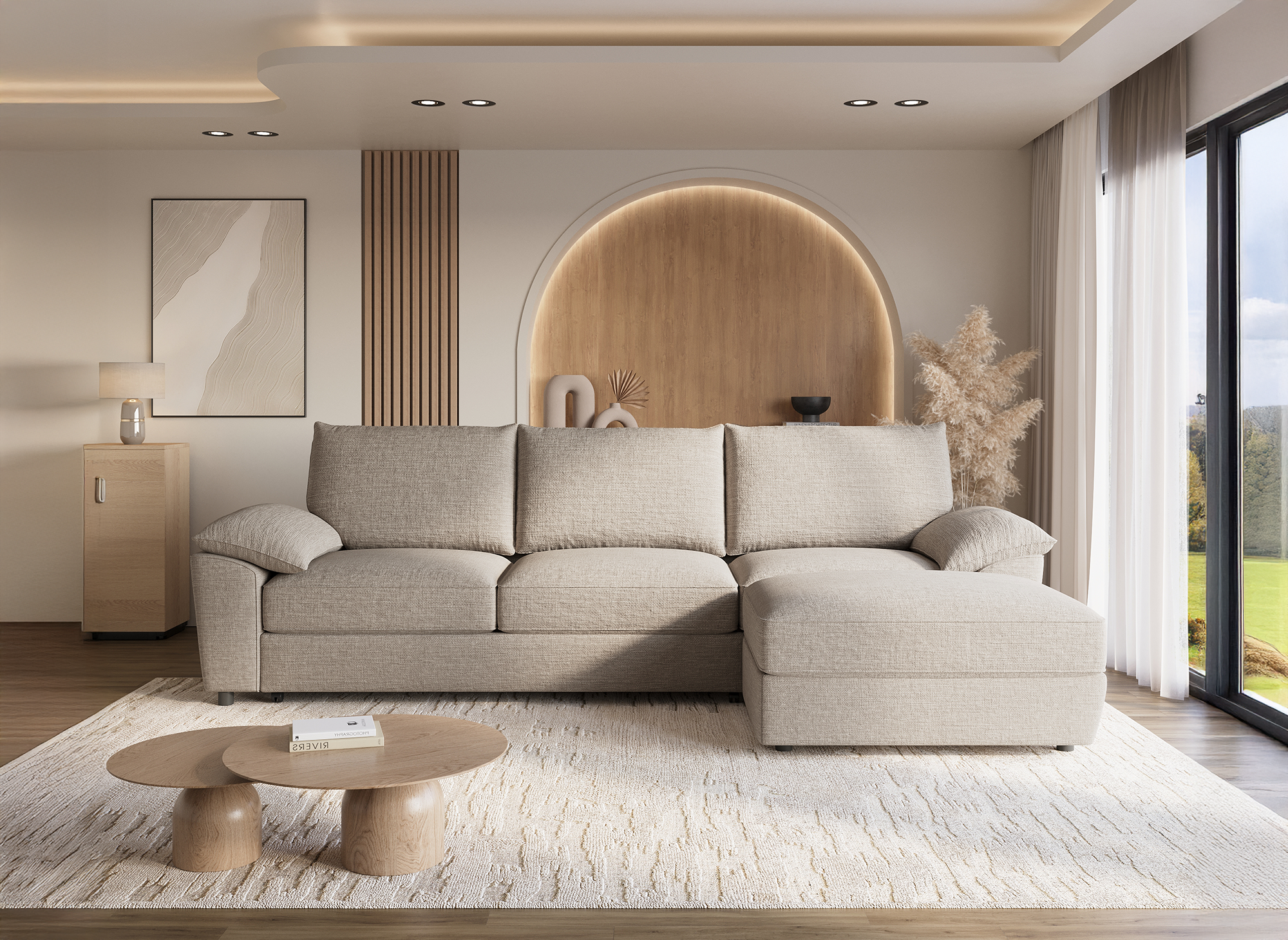 Canapé d'angle convertible avec coffre de rangement en velours chiné beige GABIN - Angle droit