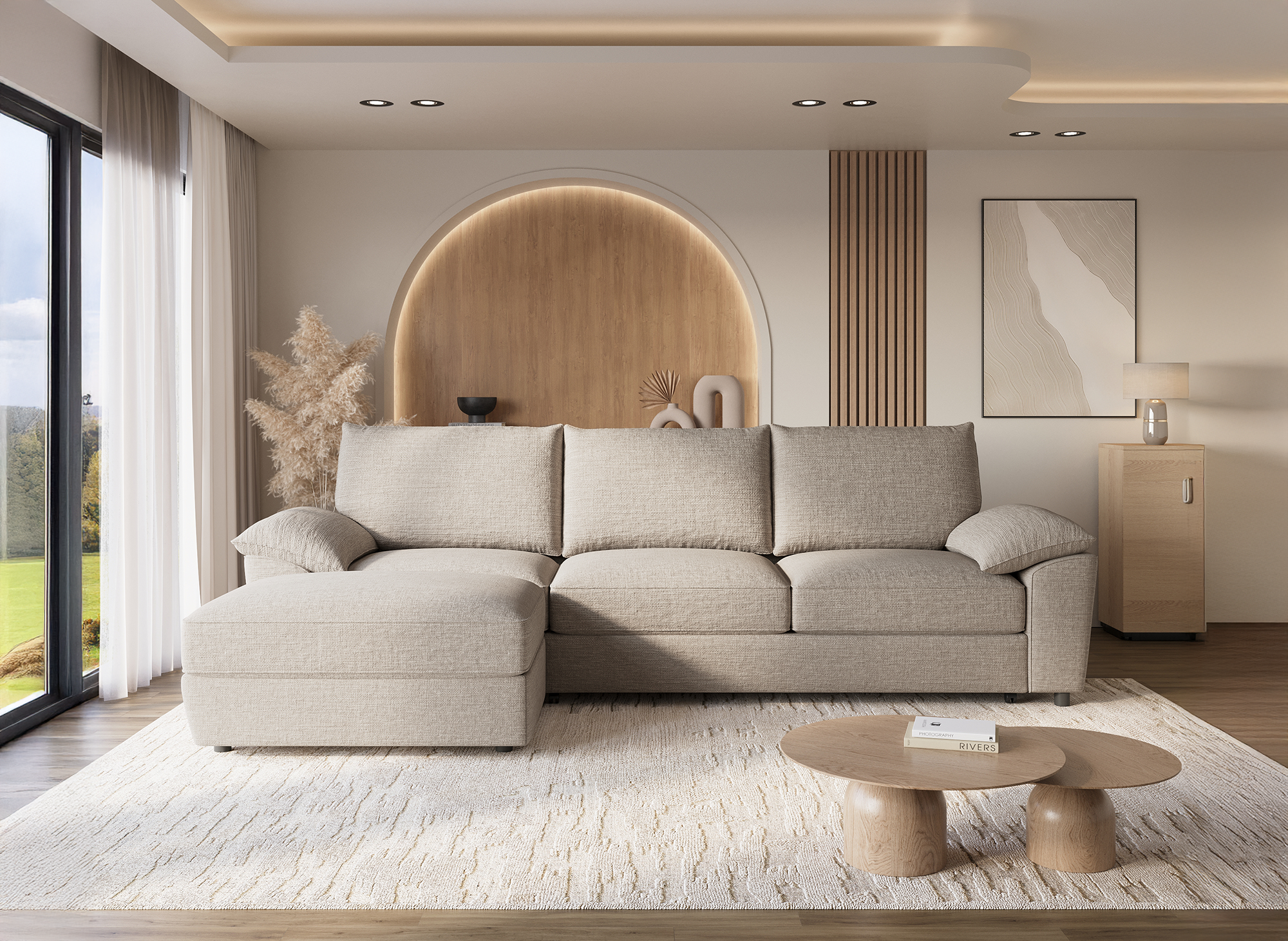 Canapé d'angle convertible avec coffre de rangement en velours chiné beige GABIN - Angle gauche