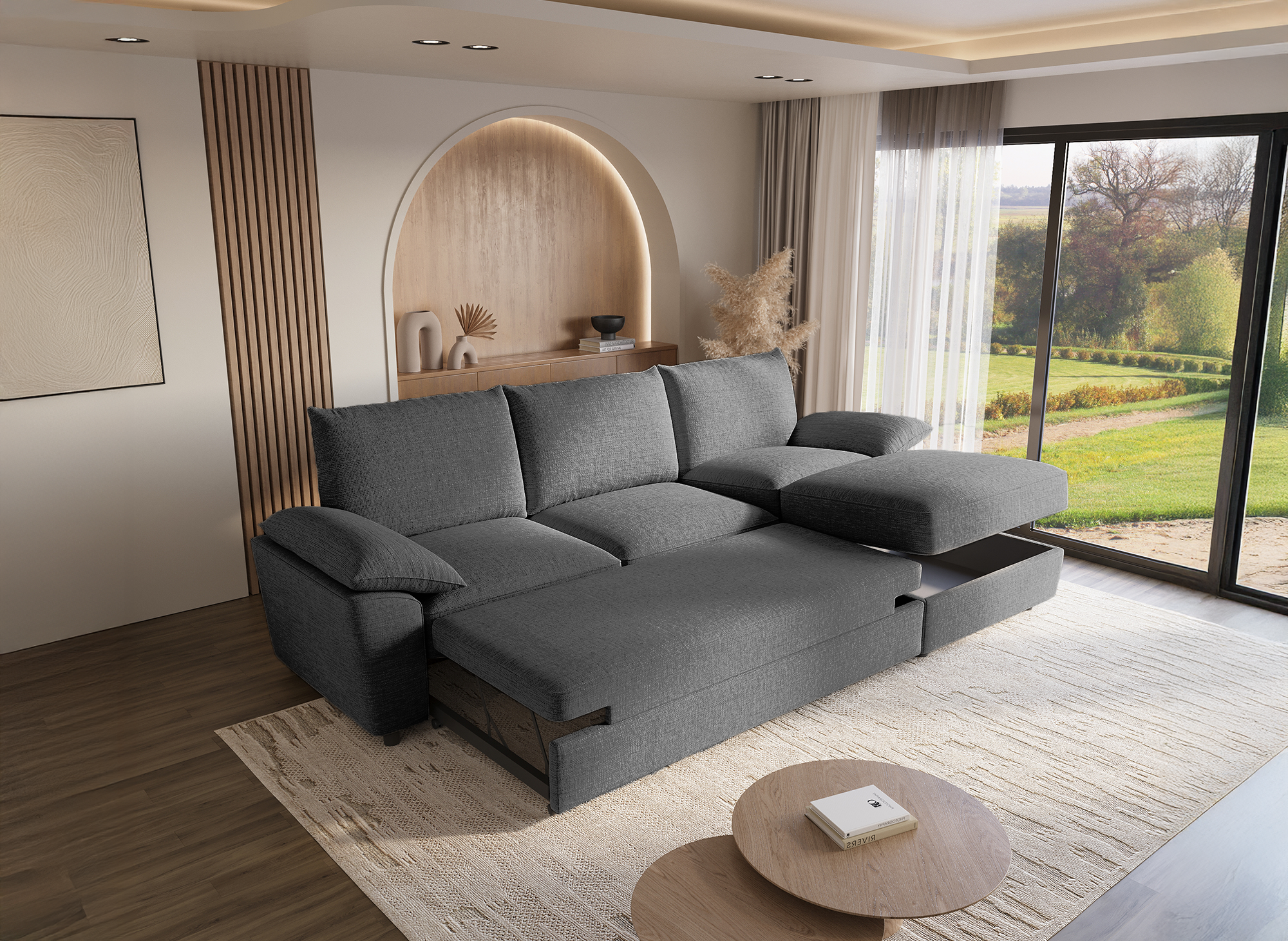 Canapé d'angle convertible avec coffre de rangement en velours chiné gris GABIN - Angle droit