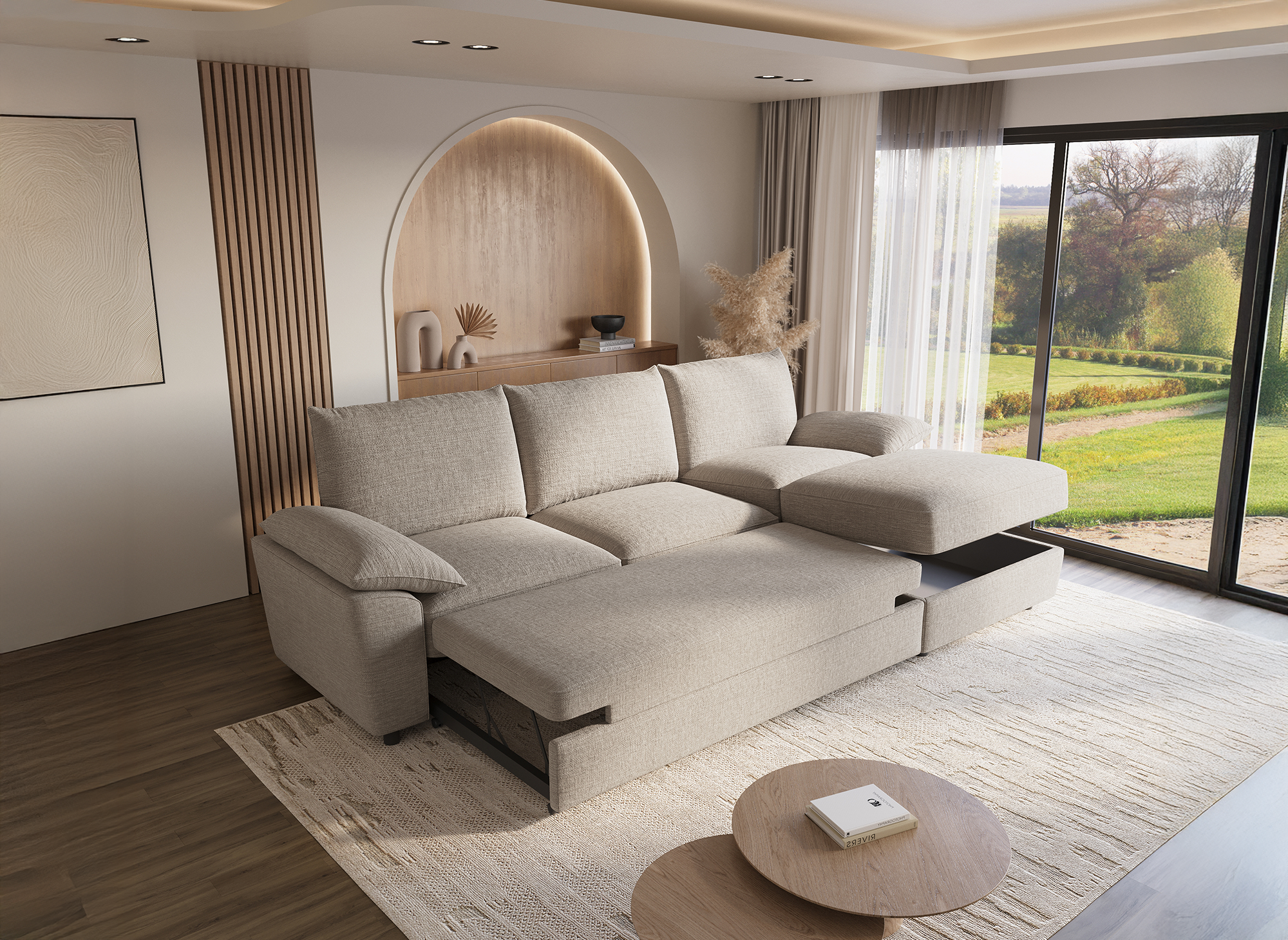 Canapé d'angle convertible avec coffre de rangement en velours chiné beige GABIN - Angle droit