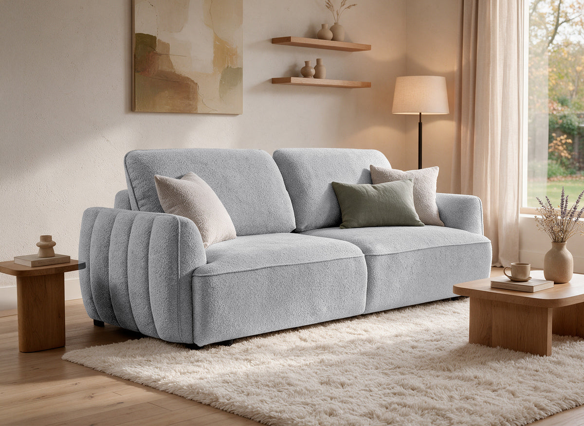 Canapé droit 3 places convertible avec coffre en tissu bouclette gris LAUDINE