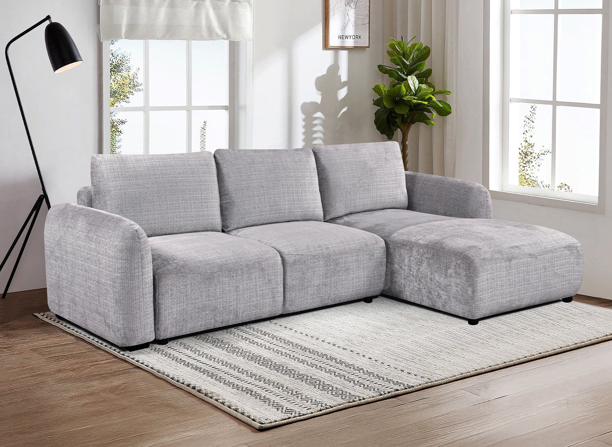 Divano angolare trasformabile con cassapanca in velluto mélange grigio MARLA - Angolo retto