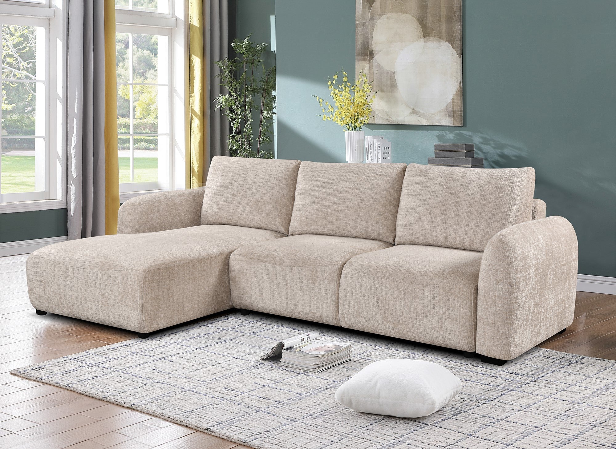 Divano angolare trasformabile con cassapanca in velluto screziato beige MARLA - Angolo sinistro